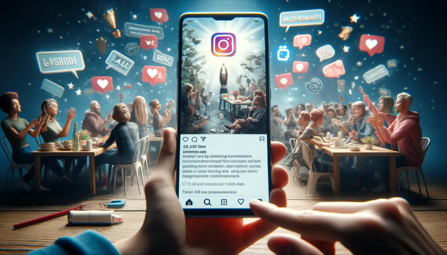 A digital marketing concept showcasing an Instagram ad focused on authentic storytelling, with users emotionally engaging with behind-the-scenes footage or real-life customer stories.