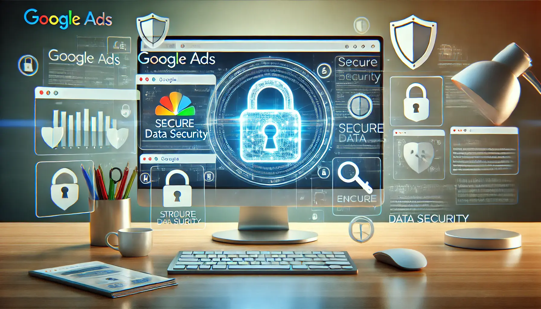 A digital workspace with a secure Google Ads dashboard displaying lock icons, encrypted data, and privacy symbols.