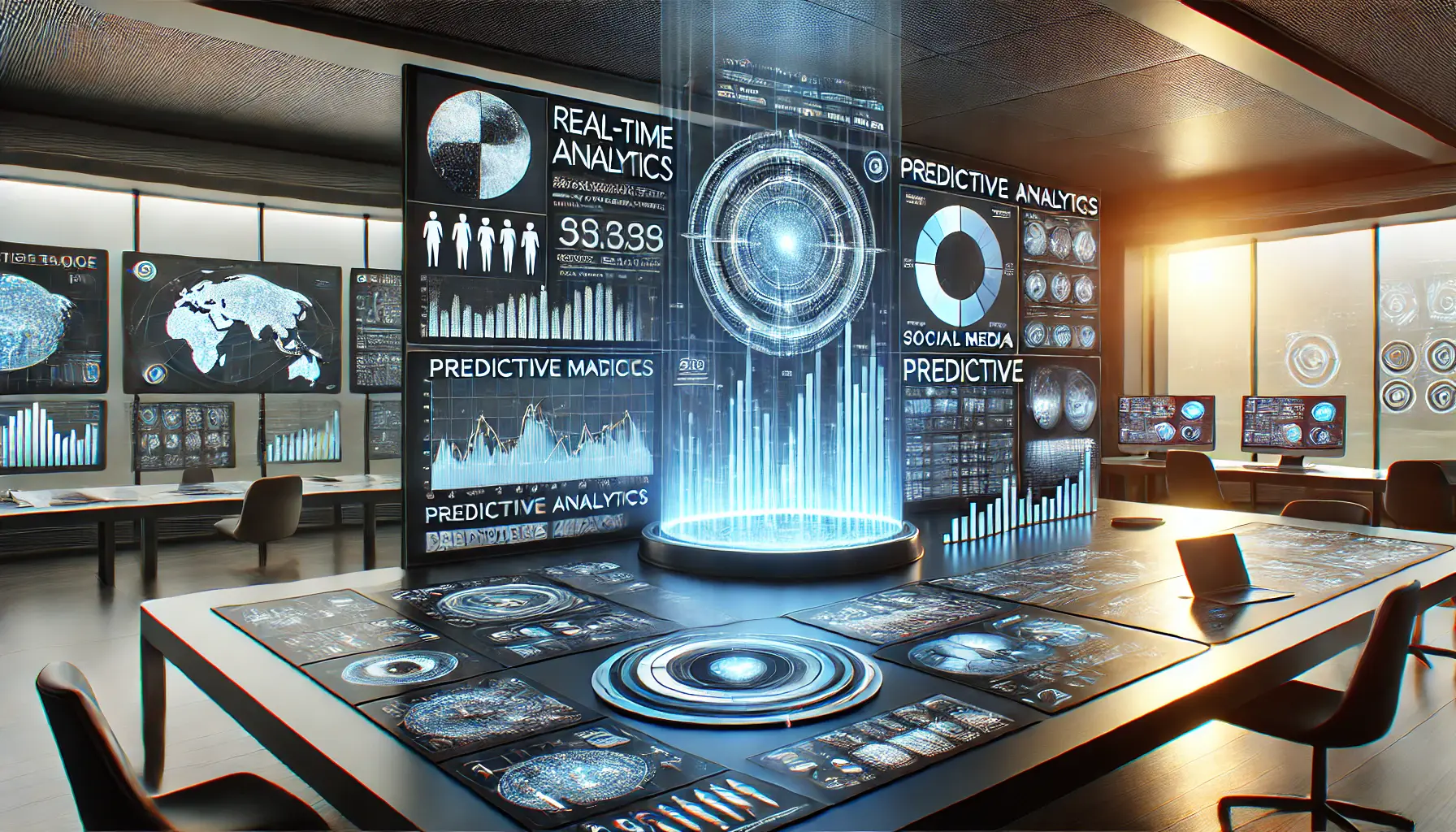 A futuristic digital workspace showcasing real-time data and predictive analytics for social media campaigns, with interactive dashboards displaying performance metrics and trend forecasting.