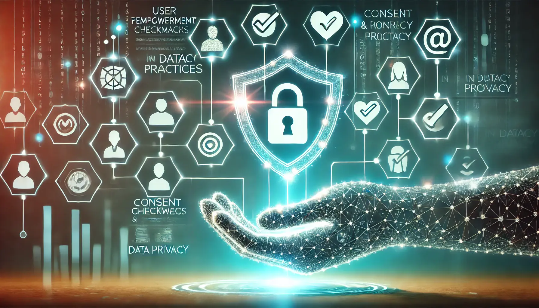 A glowing hand icon holding a privacy shield, surrounded by symbols like consent checkmarks, user profiles, and data streams, symbolizing user empowerment and transparency.