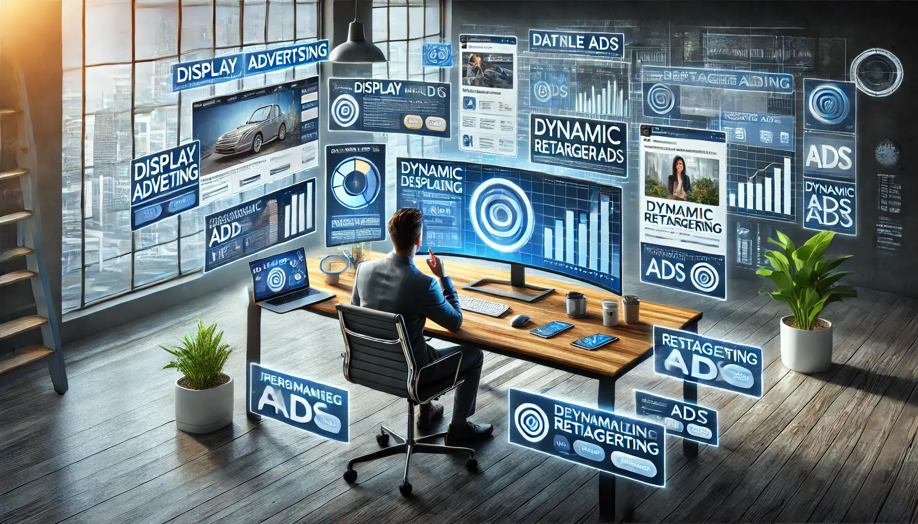 A digital marketer analyzing display ads and retargeting strategies on multiple monitors in a modern workspace.