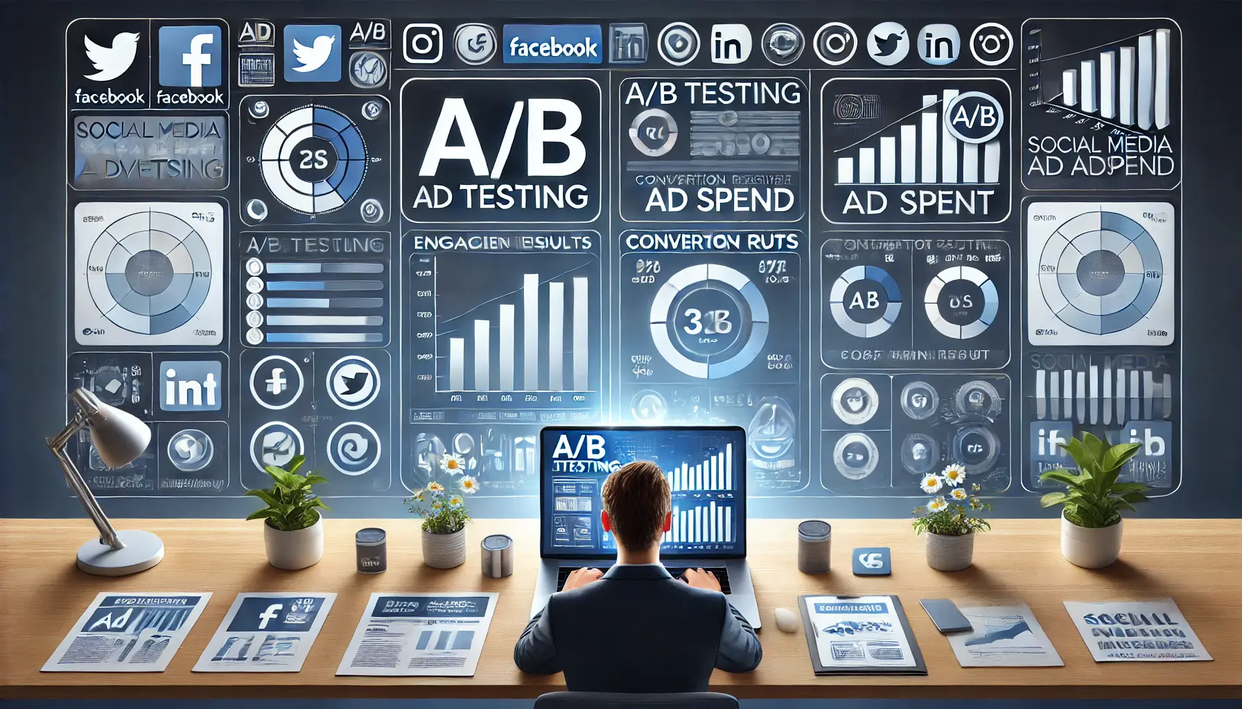 A digital illustration of a marketing workspace with a laptop displaying a split-screen comparison of two different ad variations. A marketing professional is analyzing engagement metrics, conversion rates, and cost-per-click data on a performance dashboard, with floating bar charts and test result indicators.