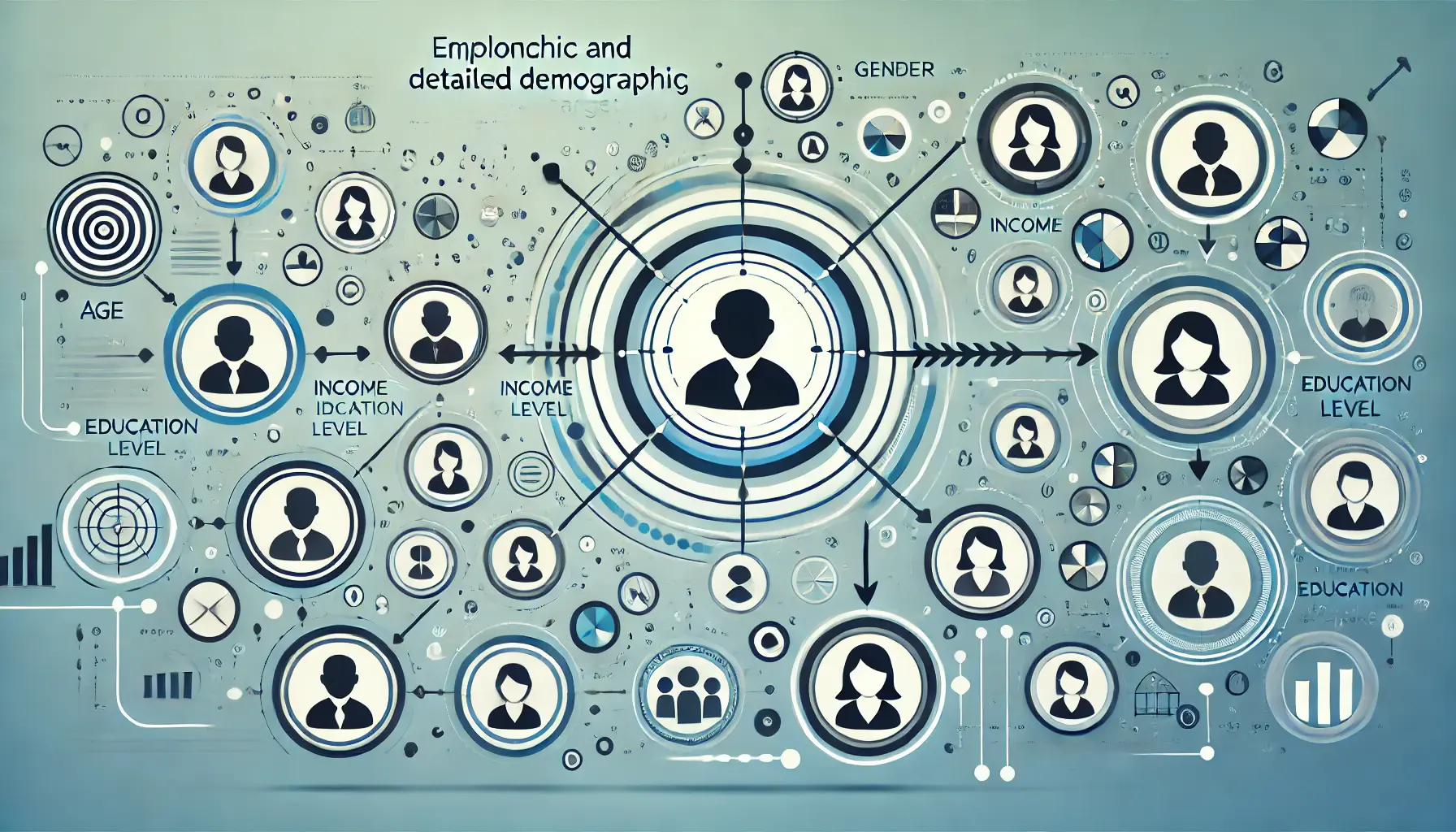 Abstract image representing demographic targeting with user profile icons, arrows indicating age, gender, income, and education level segmentation.