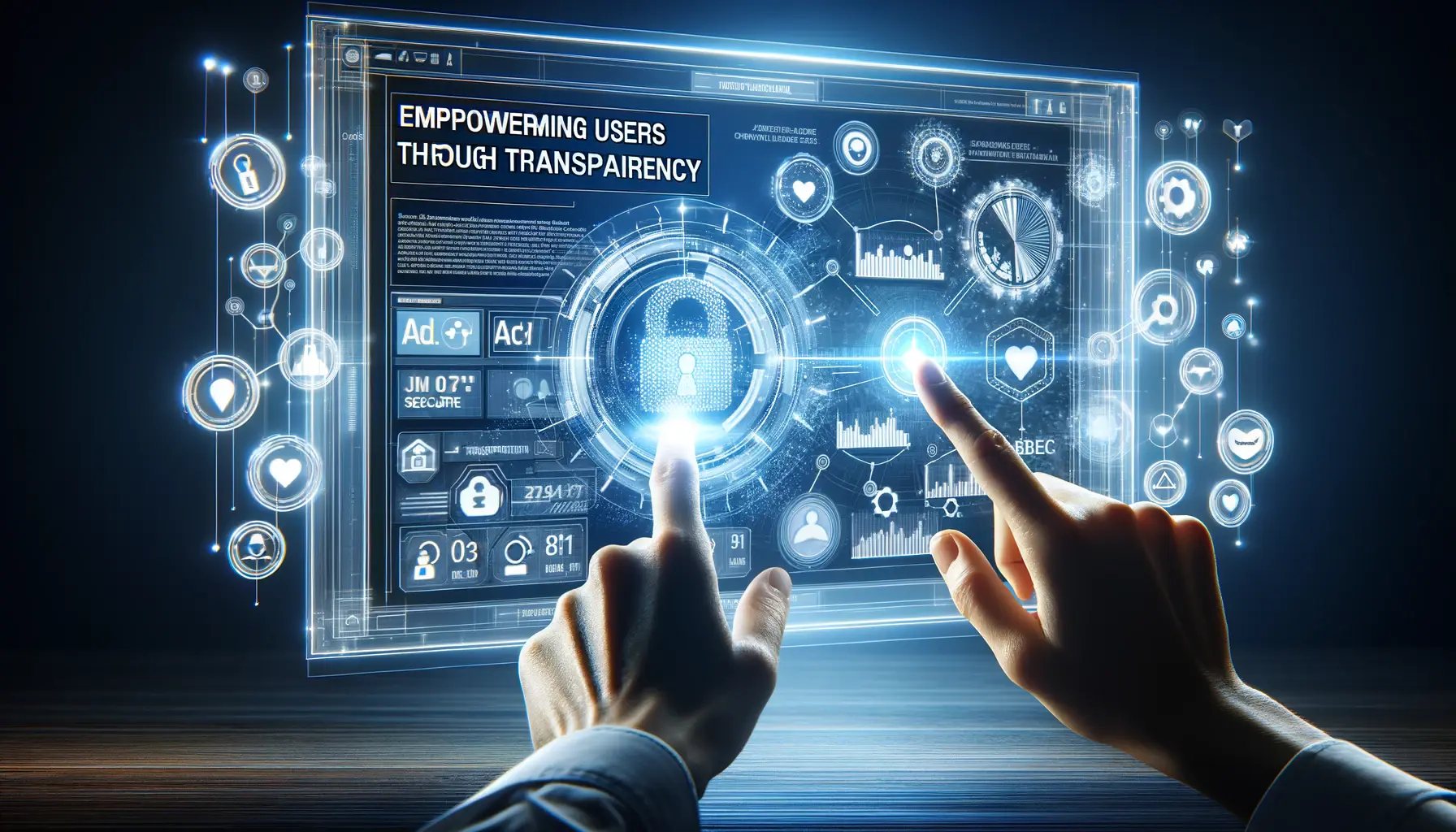 A conceptual visualization of empowering users with transparency in digital advertising, featuring a user interacting with a transparent and secure digital interface.