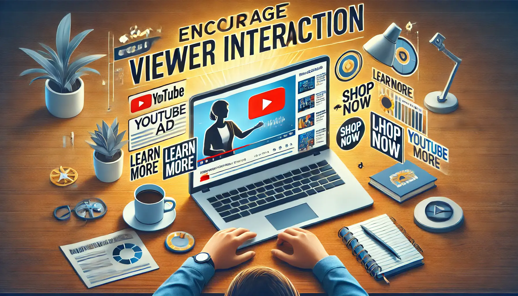 A person watching a YouTube ad on a laptop with an interactive button in a dynamic workspace.