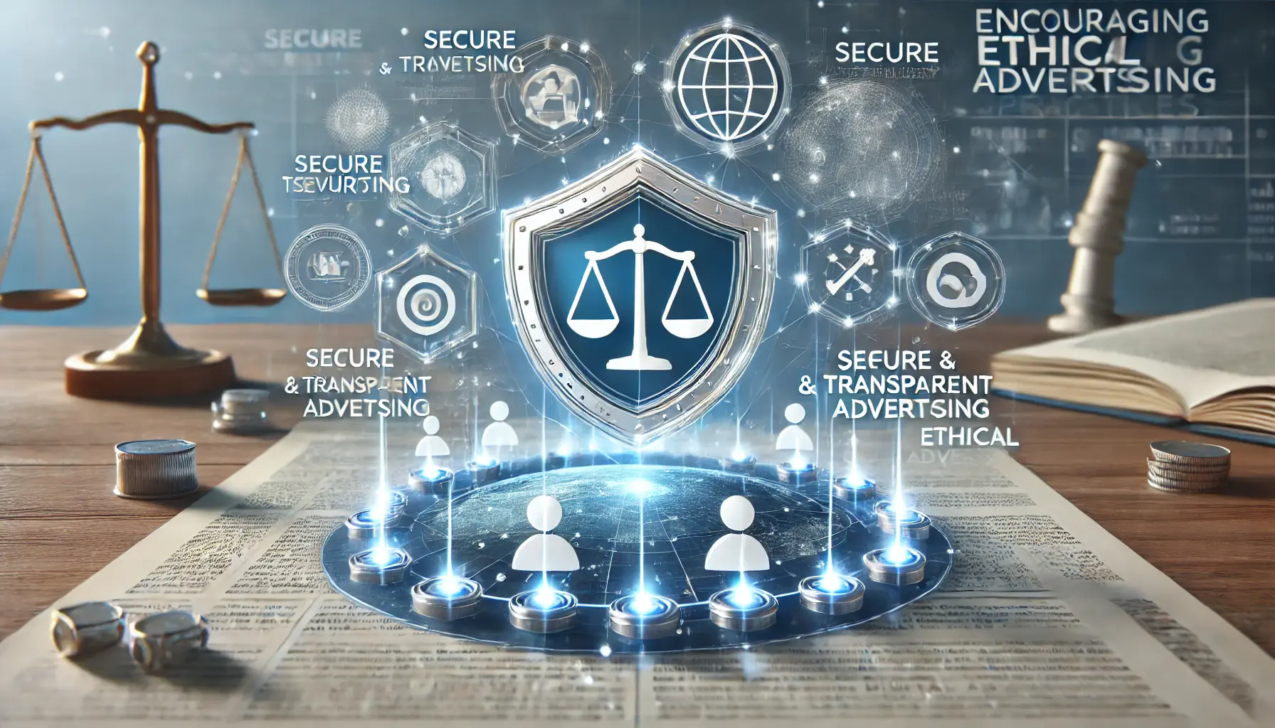 A conceptual visualization of ethical advertising practices, featuring symbols like a shield for security and a balance scale for fairness in a digital interface.