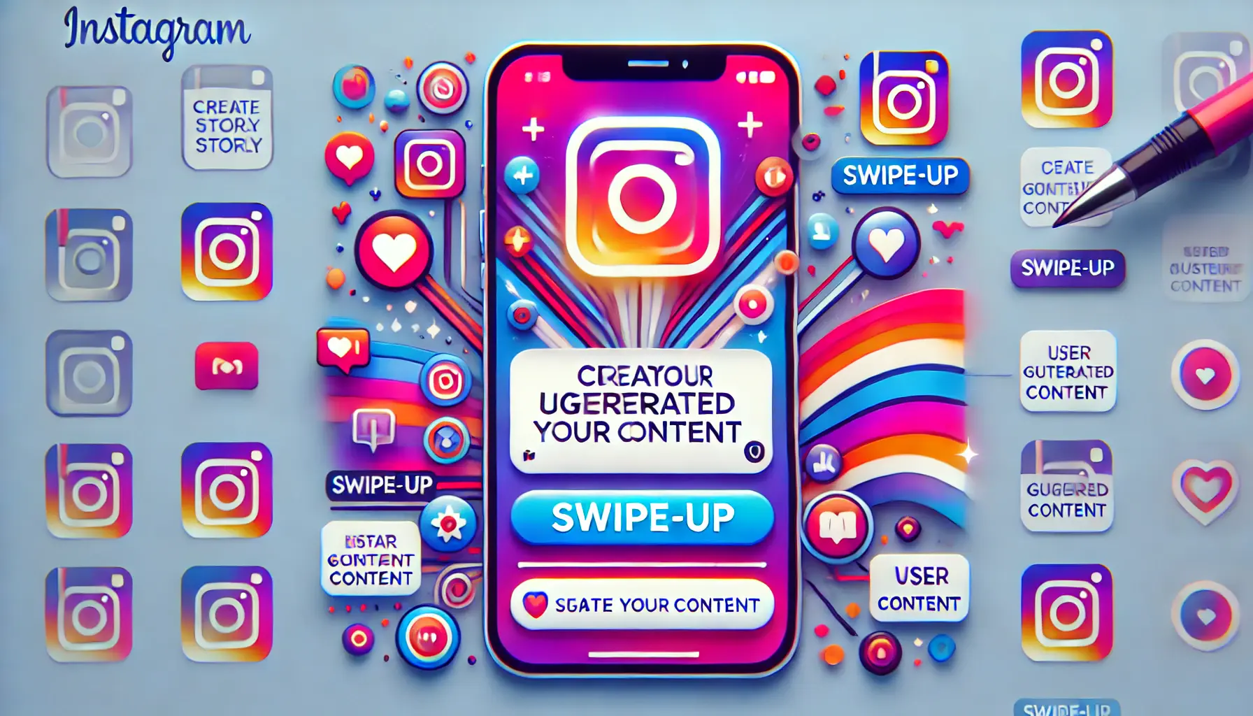 An Instagram story featuring a call-to-action for user-generated content, with a swipe-up link leading to a content submission page.