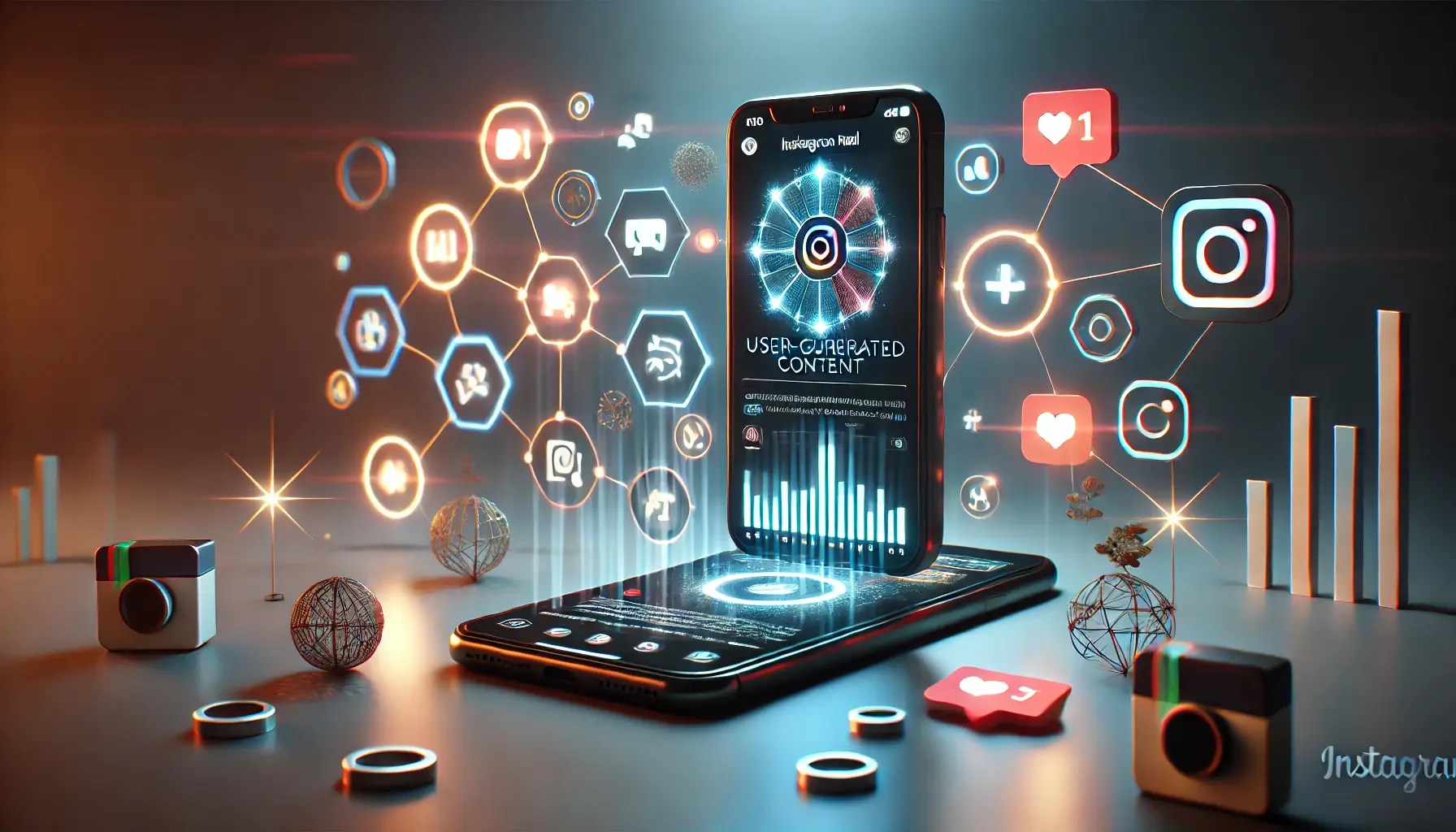 An image showing a smartphone displaying an Instagram Reel created by a user, surrounded by glowing engagement icons like likes, comments, and shares.