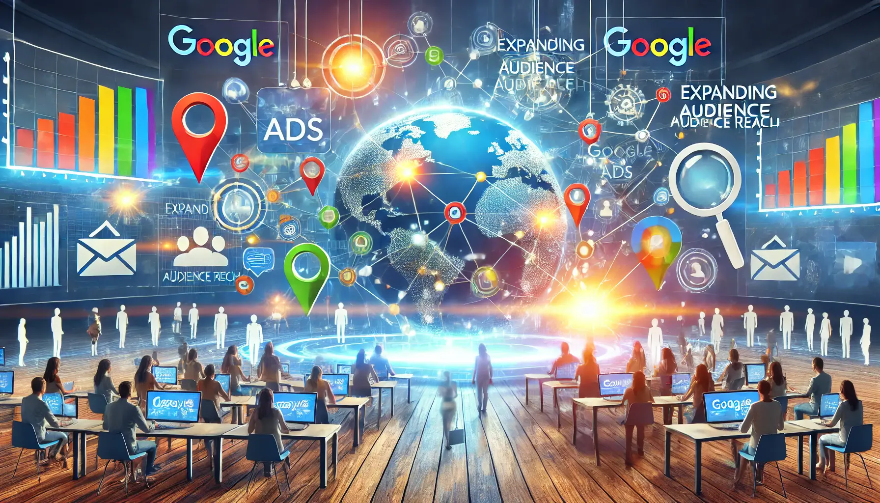 A conceptual image representing digital marketing with global network graphics and diverse audience illustrations, highlighting audience expansion in Google Ads.