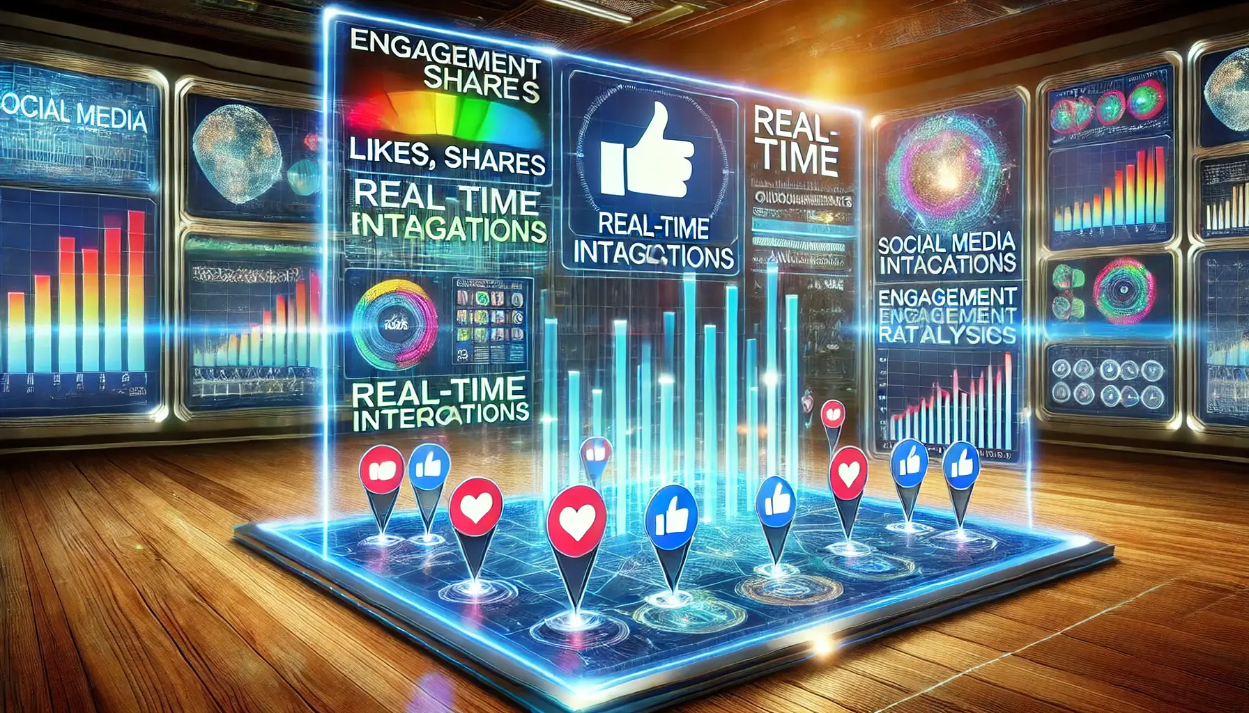 A vibrant digital interface displaying social media engagement metrics, including likes, shares, and comments in a futuristic analytics dashboard.