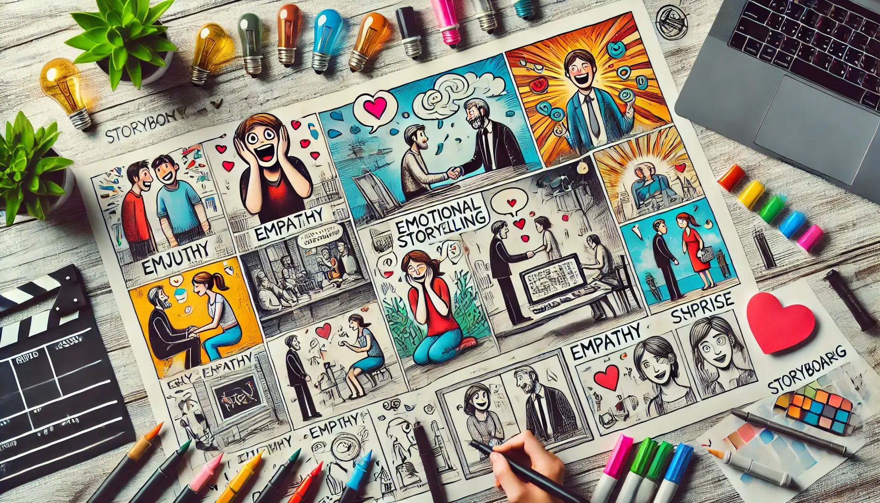 A creative workspace featuring a storyboard with scenes evoking emotions like joy, empathy, and surprise, illustrating the concept of emotional storytelling in storyboarding.