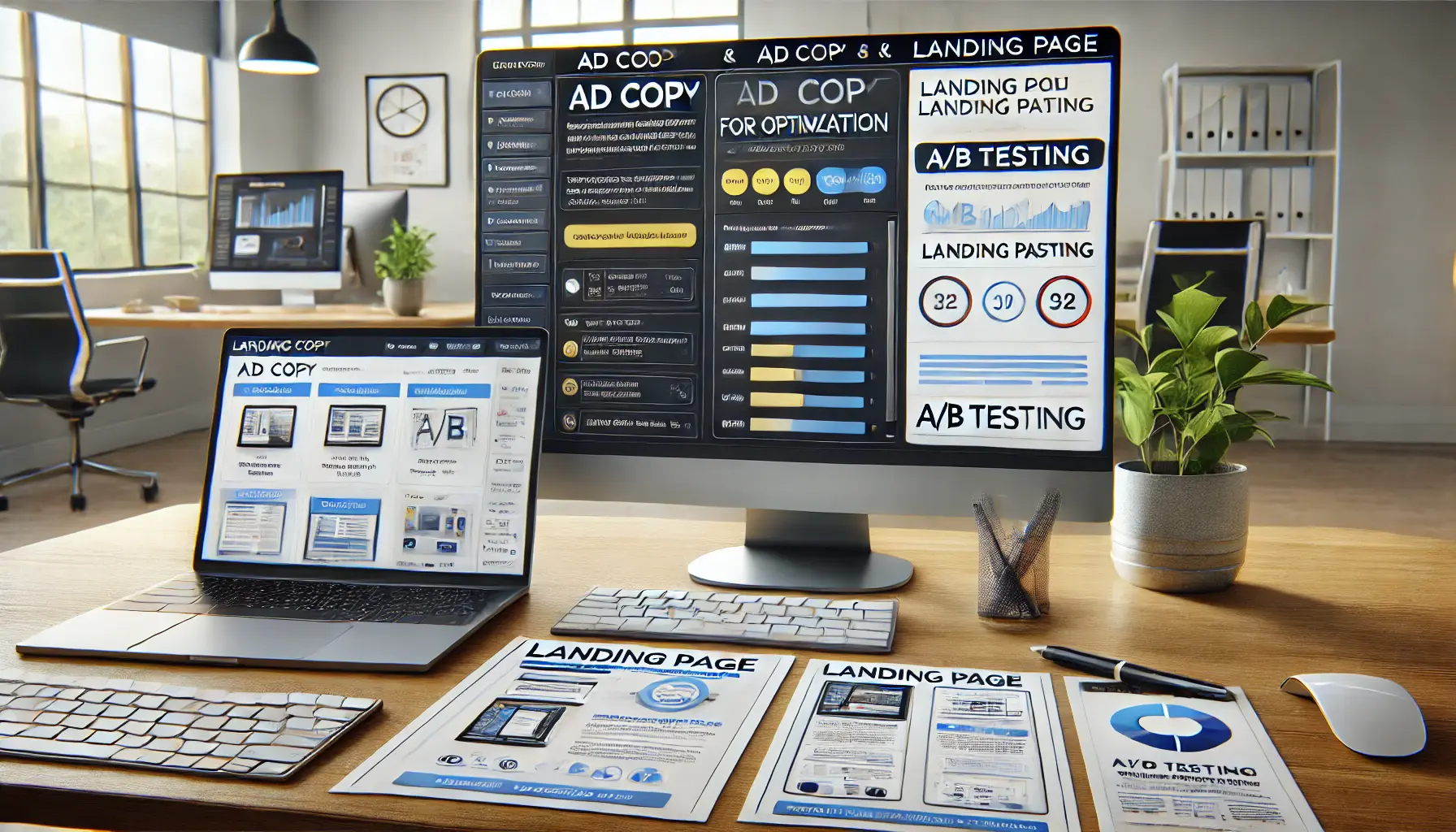 A workspace featuring a computer with ad copy editing and landing page preview, a tablet with A/B testing results, and mockups of landing pages.