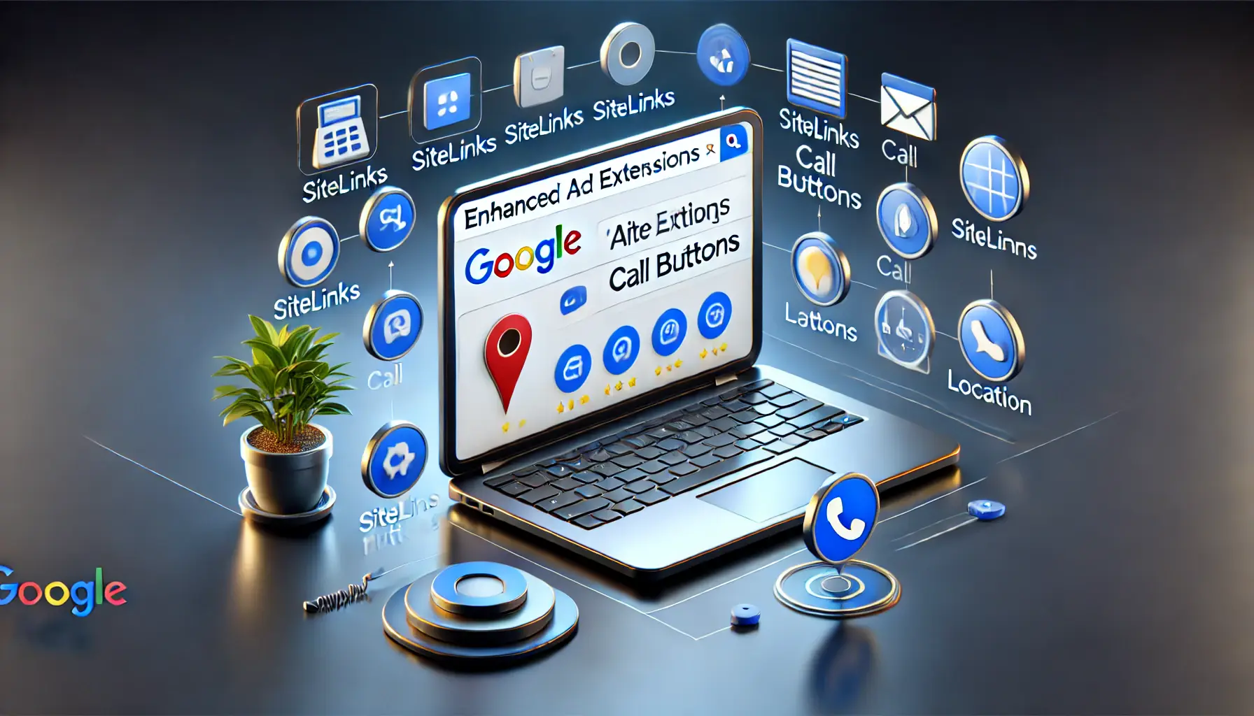 A laptop displaying a Google Ads campaign with highlighted ad extensions like sitelinks, call buttons, and location links, surrounded by icons such as a map pin and phone icon in a modern workspace.