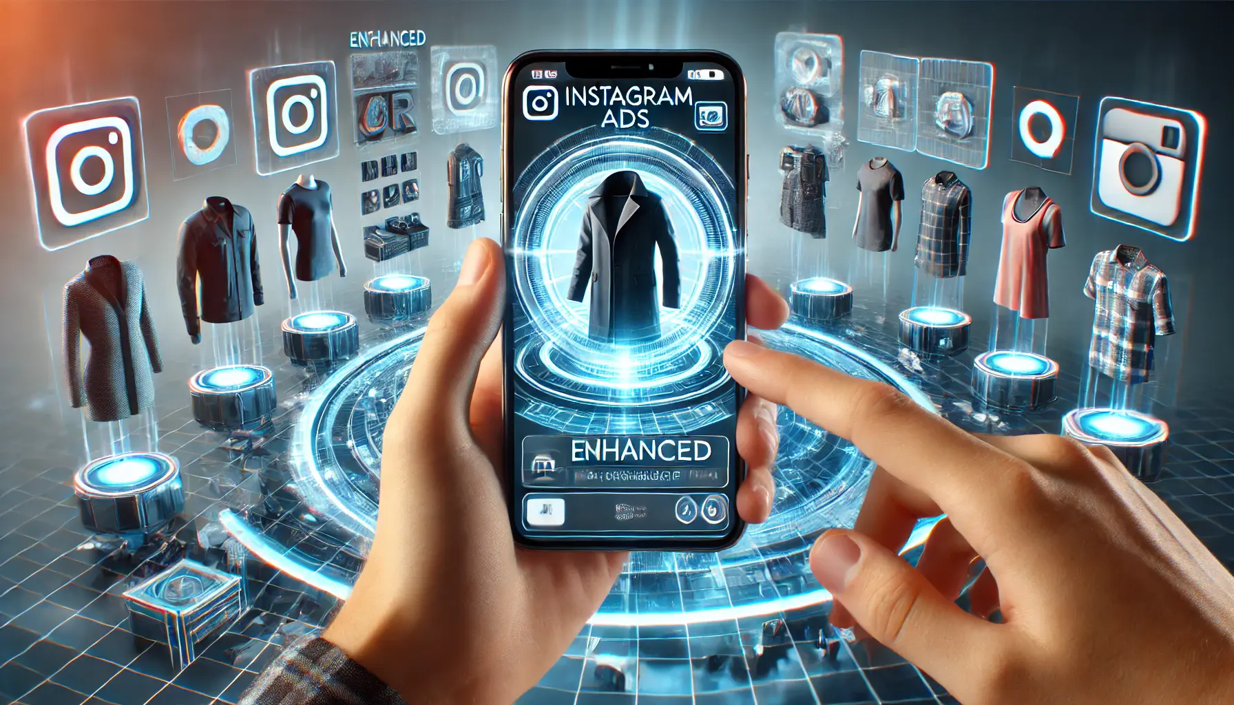 A digital marketing concept showcasing enhanced Augmented Reality (AR) experiences in Instagram ads, with a user engaging with virtual product try-ons or 3D visualizations.