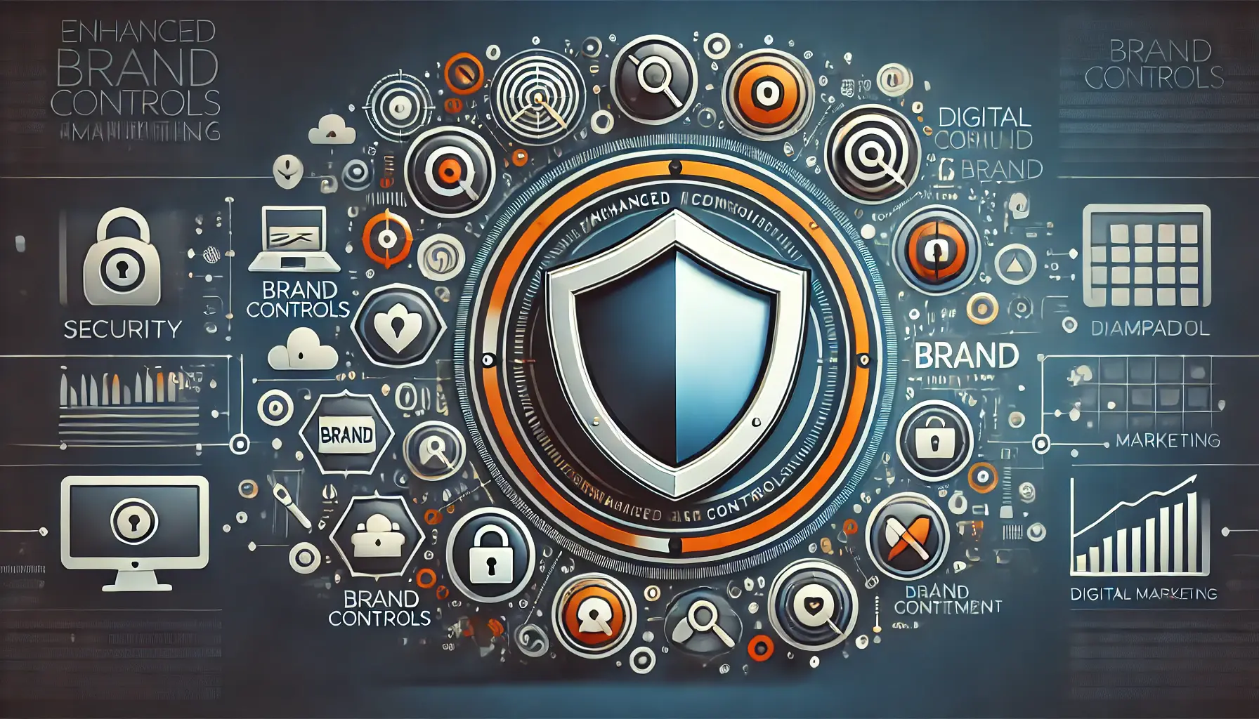 Abstract image symbolizing enhanced brand controls in digital marketing, featuring shields, lock symbols, and brand management elements.