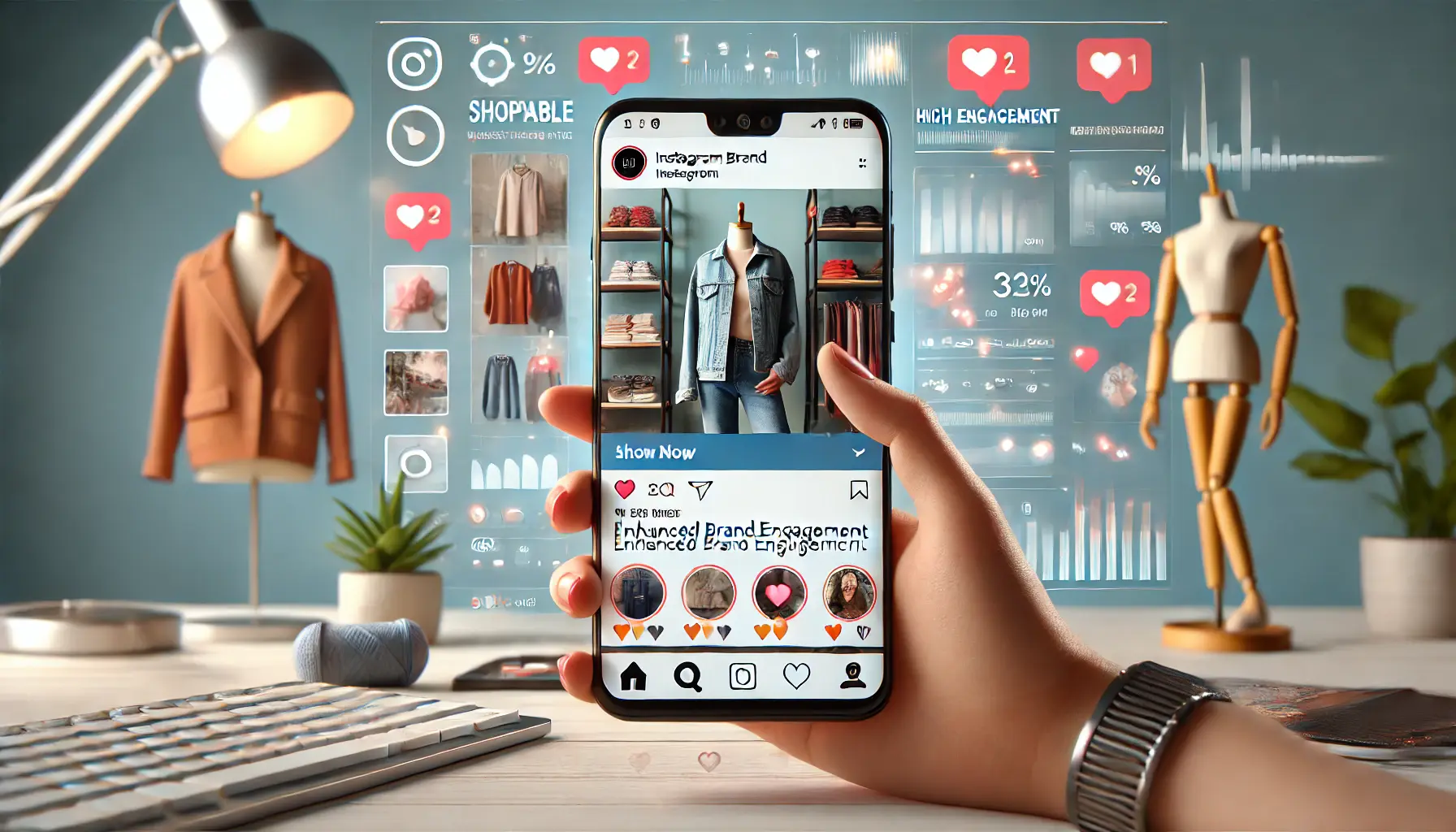 A smartphone displaying an Instagram post with shoppable tags and high engagement indicators like likes and comments.