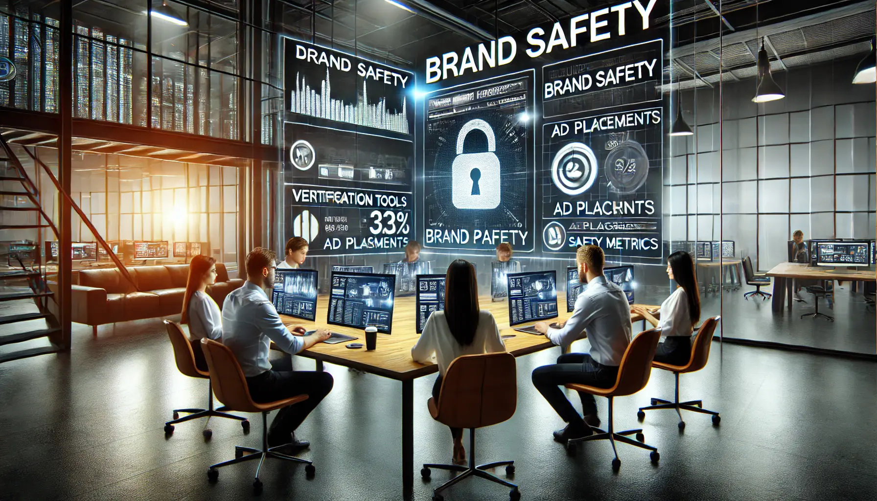 A digital marketing team analyzing brand safety metrics and ad placements to ensure secure advertising environments.