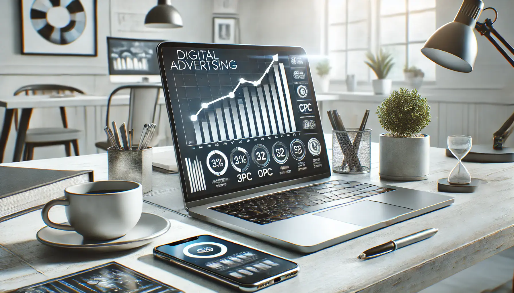 A modern digital advertising workspace featuring a laptop with analytics, surrounded by a smartphone and coffee cup in a professional office setup.