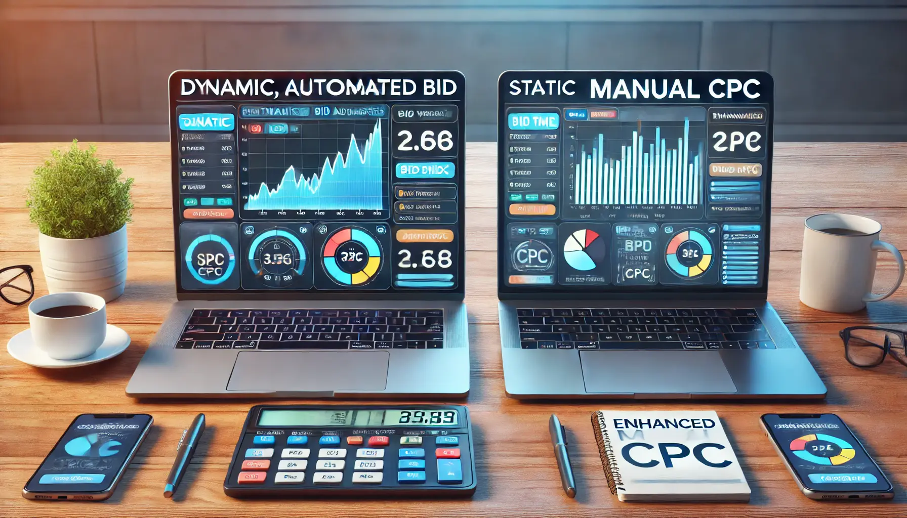 A digital marketing workspace with two laptops, one displaying dynamic bid adjustments and the other showing manual bid values.