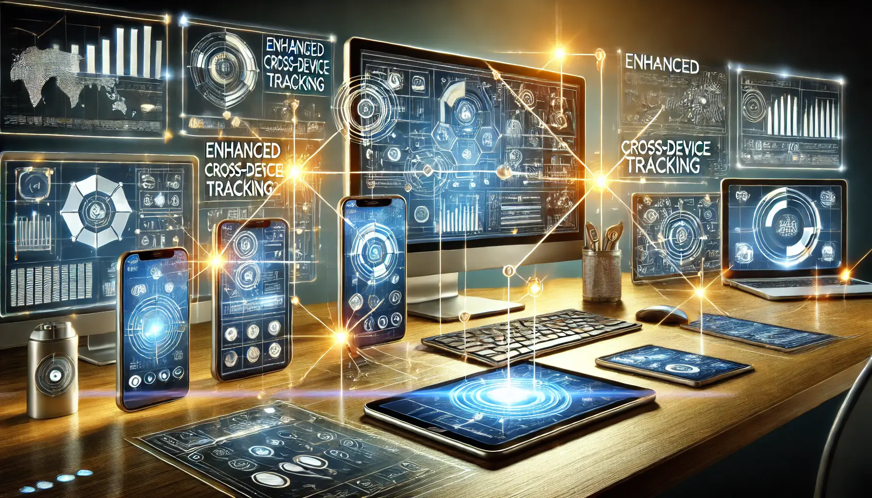 An image showing interconnected devices like smartphones, tablets, and desktop computers displaying synchronized tracking data, symbolizing enhanced cross-device tracking.