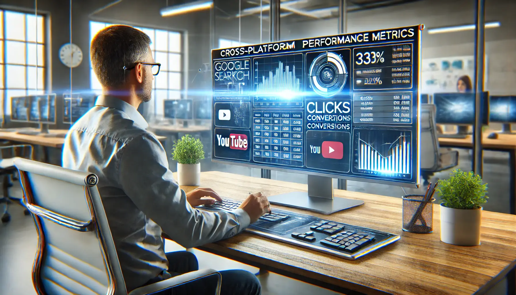 Digital marketer analyzing cross-platform performance metrics on a computer screen.