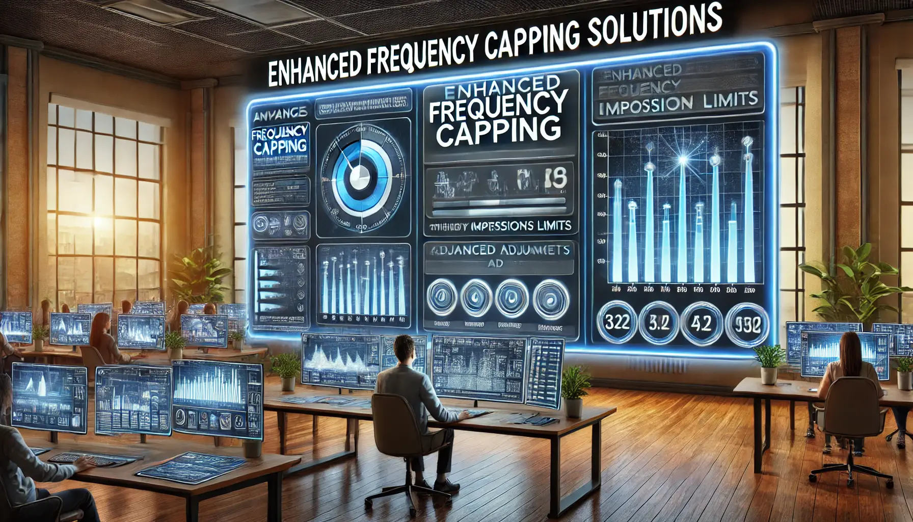 A marketer using a monitor displaying advanced frequency capping tools, with sliders, dials, and graphs to control ad exposure limits.