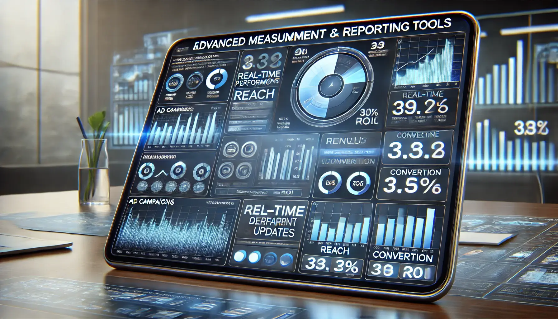 A modern analytics dashboard with interactive charts and graphs showing key performance metrics for ad campaigns.