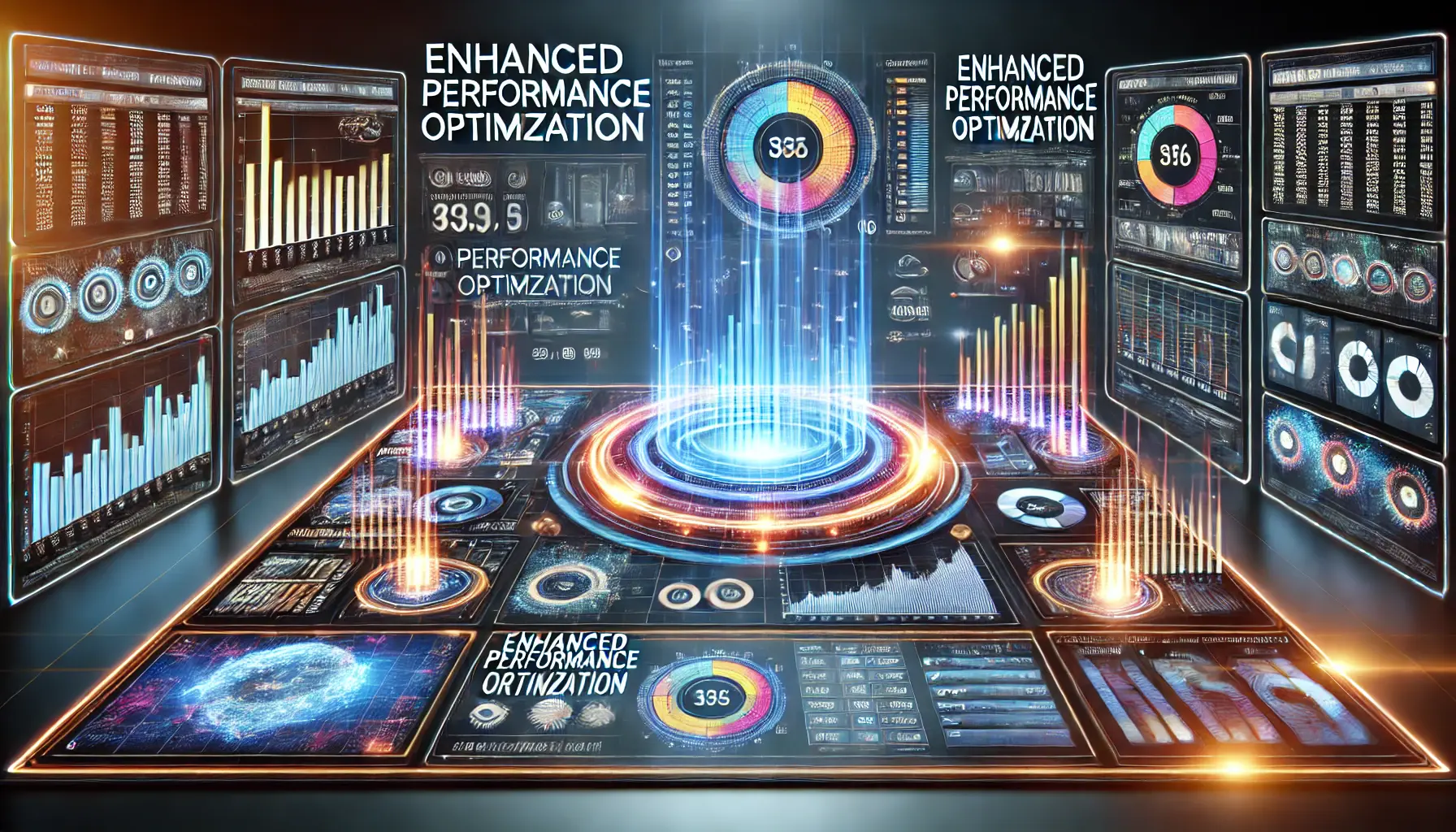 A futuristic digital dashboard illustrating enhanced performance optimization with dynamic metrics and data streams.