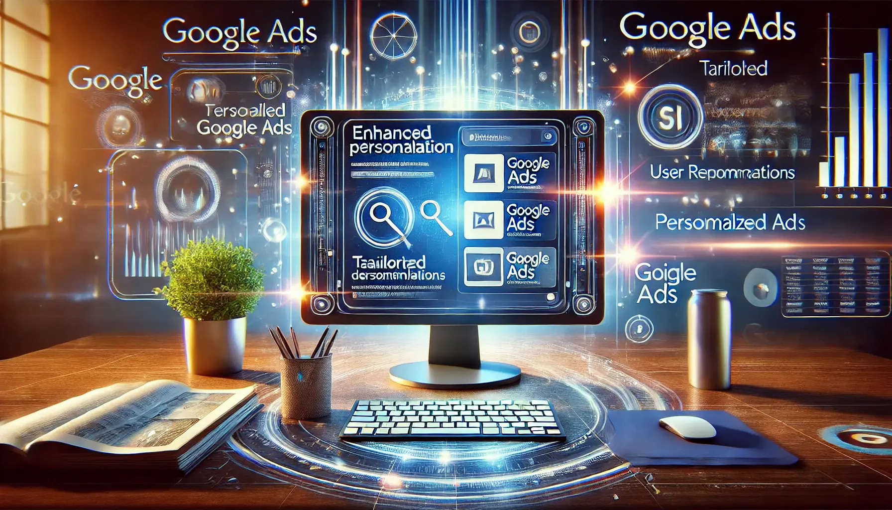 A digital workspace with a computer screen showing personalized Google Ads interface with tailored recommendations and user interaction icons.