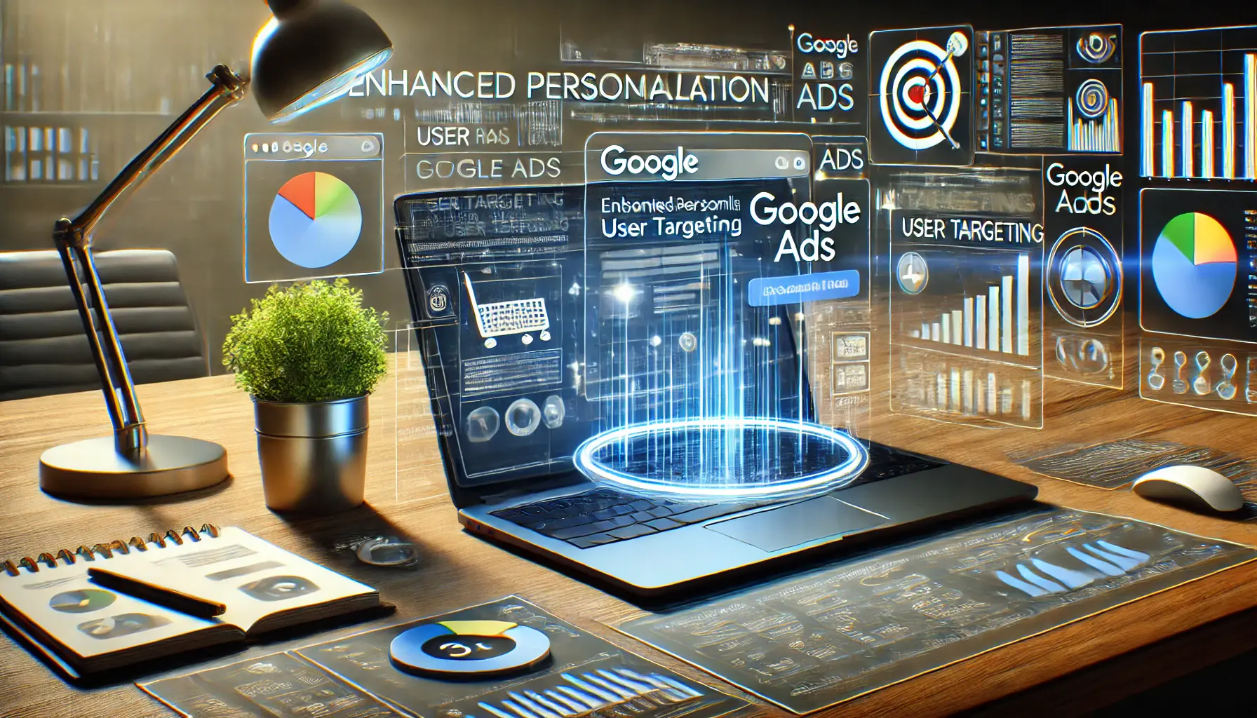 A digital marketing workspace showing enhanced personalization and user targeting in Google Ads, with user profiles and targeting charts.