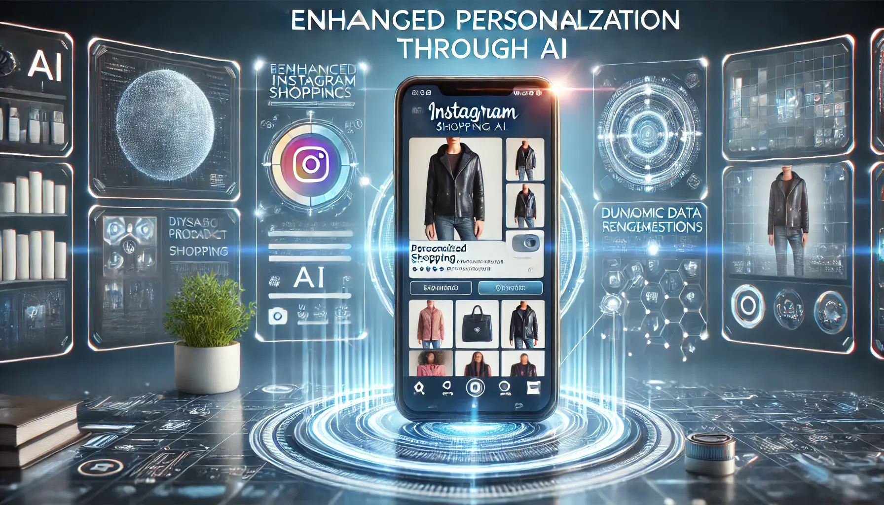 A smartphone displaying a personalized Instagram shopping feed with AI-powered product recommendations and customer data analytics.