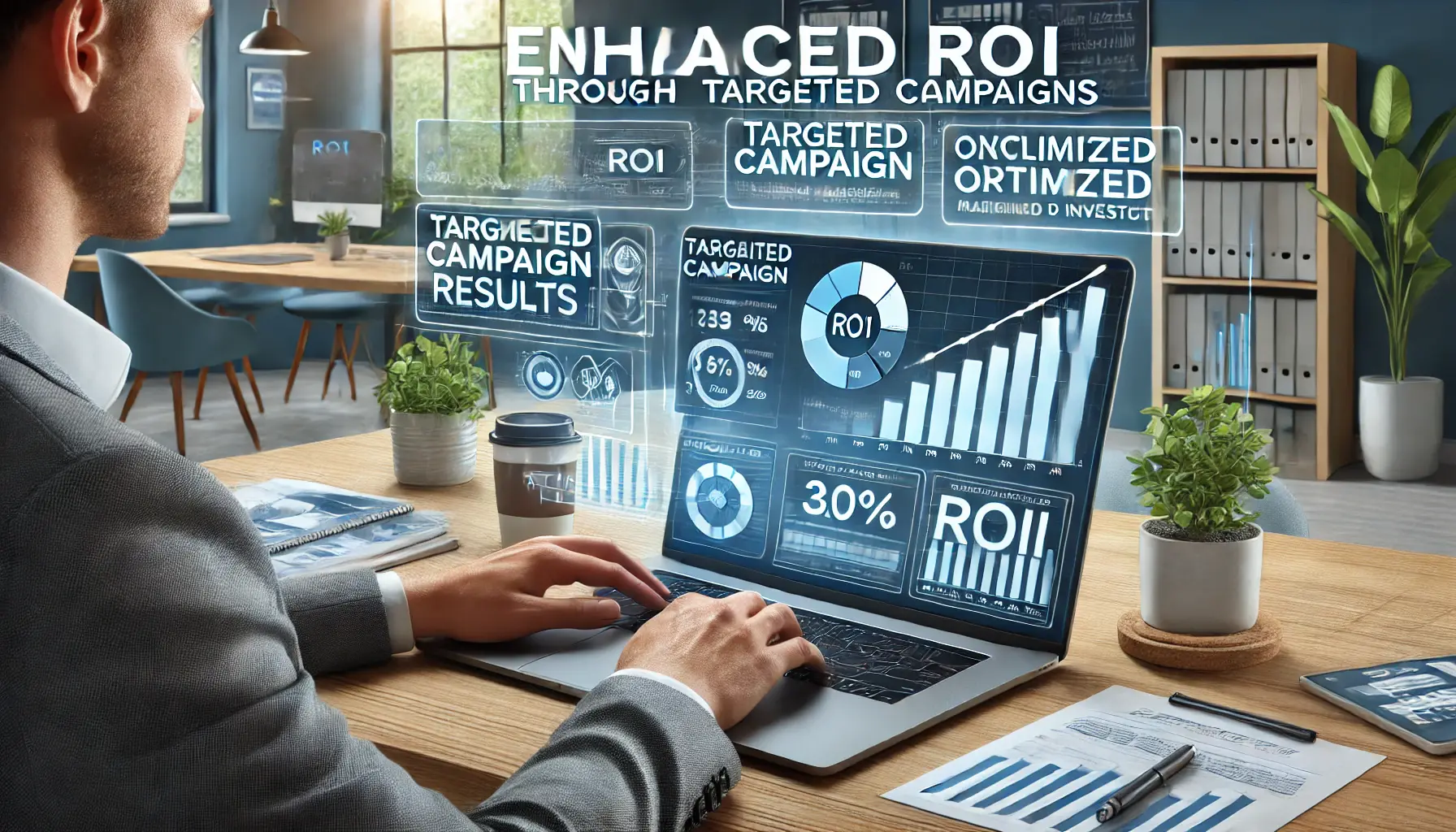 A digital marketer analyzing performance data on a laptop, showing targeted campaign results with increased ROI and optimized ad performance.