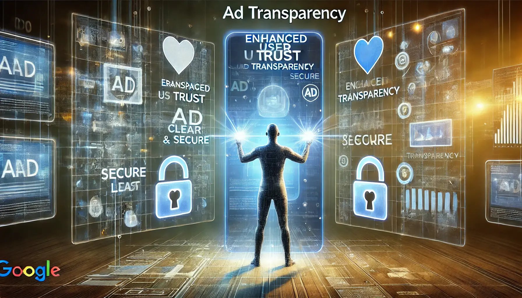 A conceptual visualization of enhanced user trust and ad transparency, featuring a user interacting with clear and secure ad information in a digital interface.