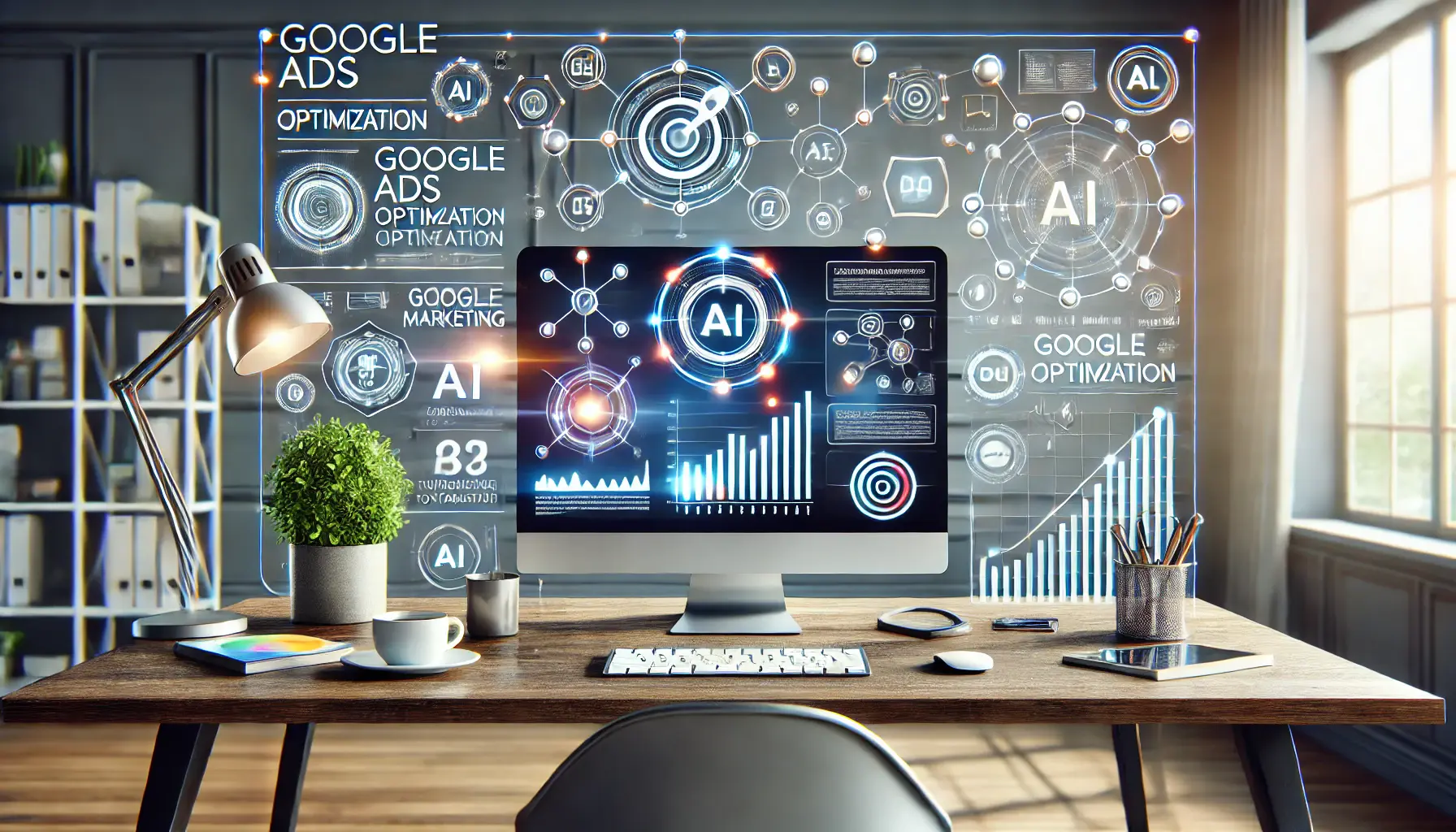 Illustration showing a digital marketing dashboard with graphs and charts, representing Google Ads optimization.