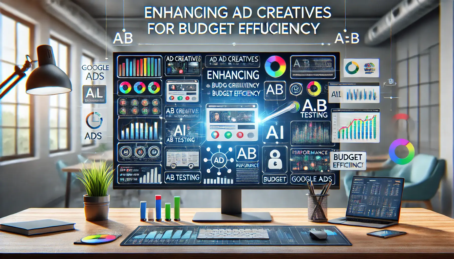 Digital workspace with ad creative design elements, performance graphs, and budget optimization tools for Google Ads.