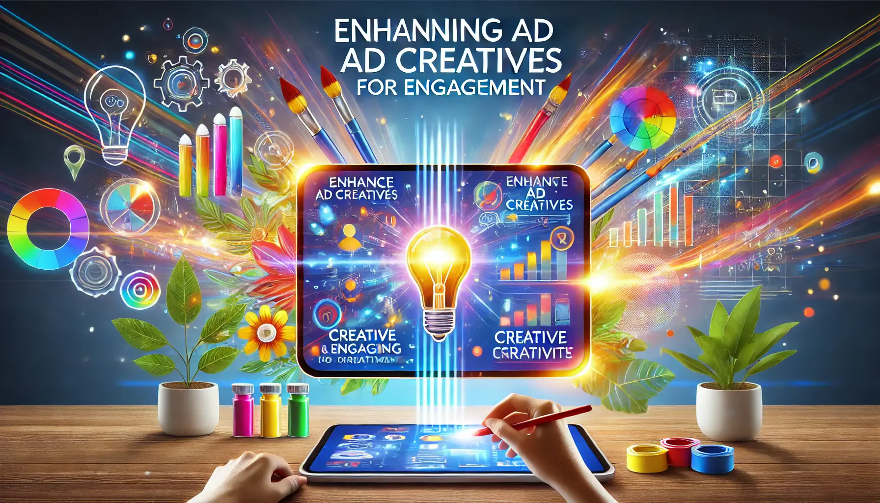 A digital marketing scene showing a creative ad on a screen with dynamic visuals, paintbrush and light bulb icons, and a user interacting with the ad.