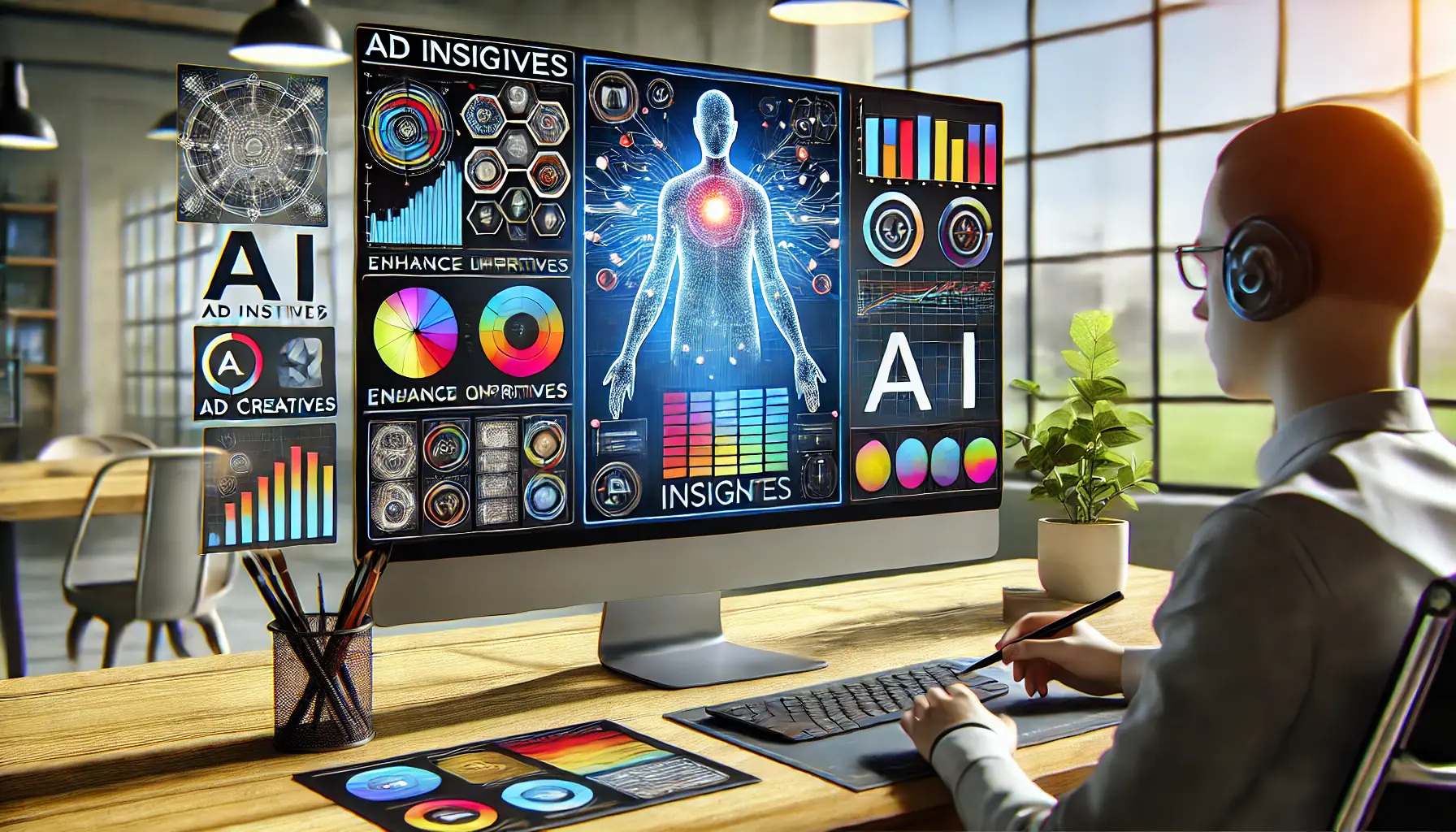 An illustration of a computer screen with AI analyzing and improving ad creatives based on performance data and design adjustments.