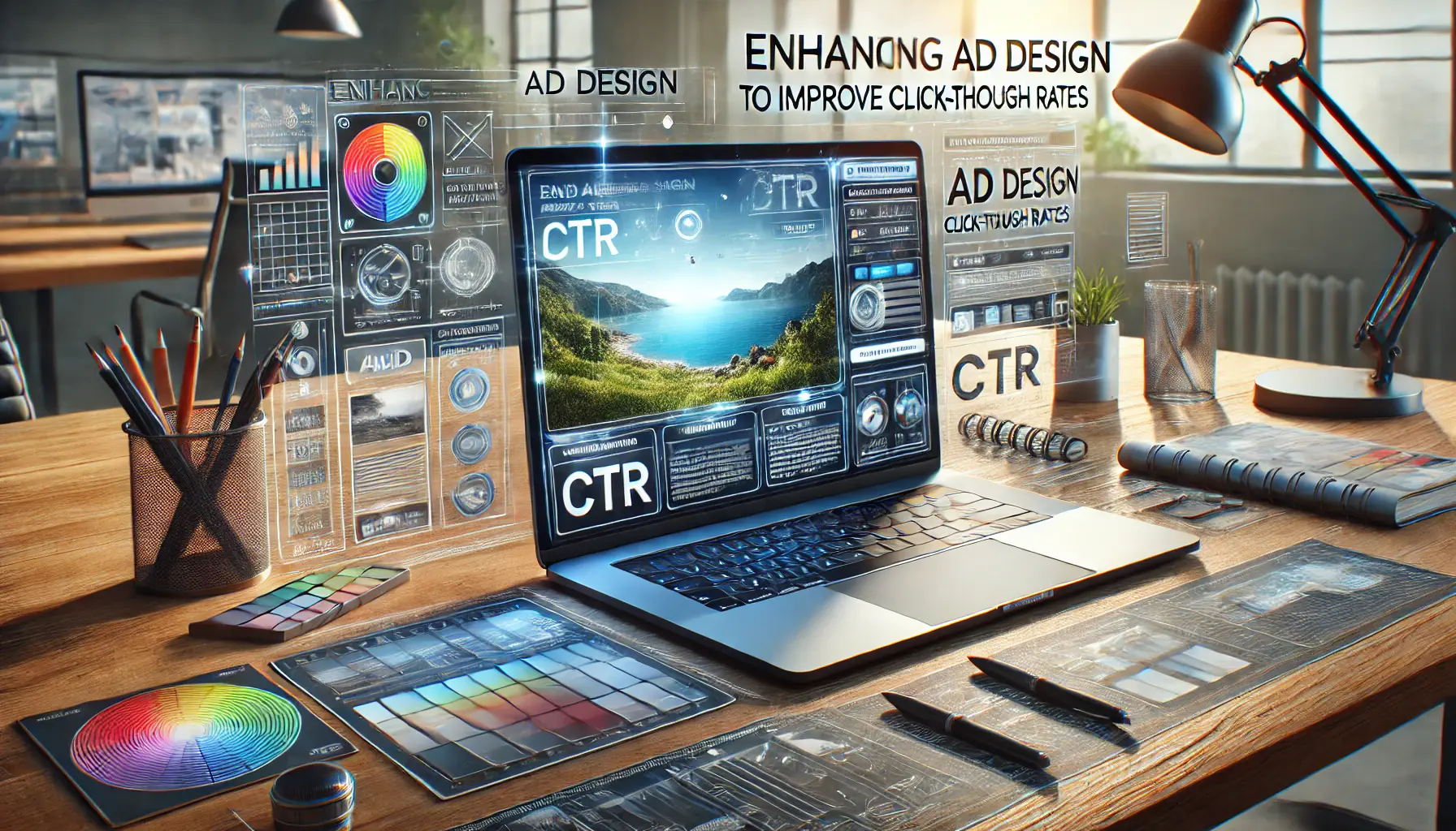 A realistic image of a laptop displaying a visually appealing ad design platform with high-resolution images, a bold call-to-action button, and a sleek layout.