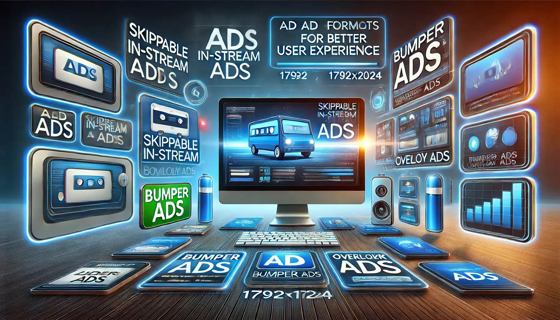 An illustration showing various ad formats like skippable in-stream ads, bumper ads, and overlay ads optimized for user experience.