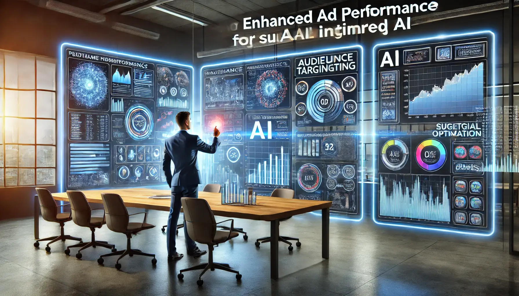 A marketer analyzing AI-driven performance metrics and audience targeting data on high-resolution screens.