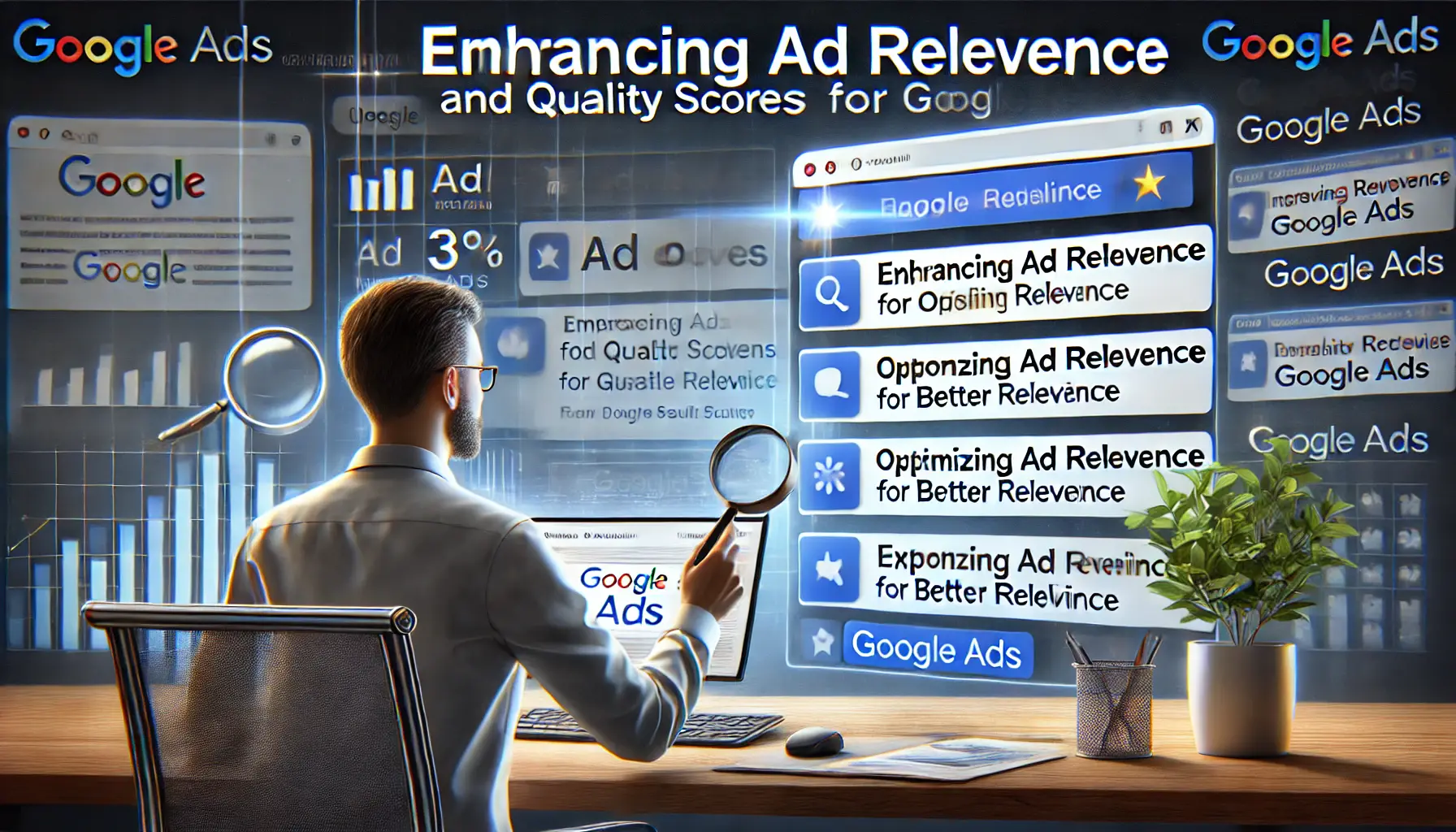 Digital marketer optimizing ad content for better relevance and quality scores in Google Ads.