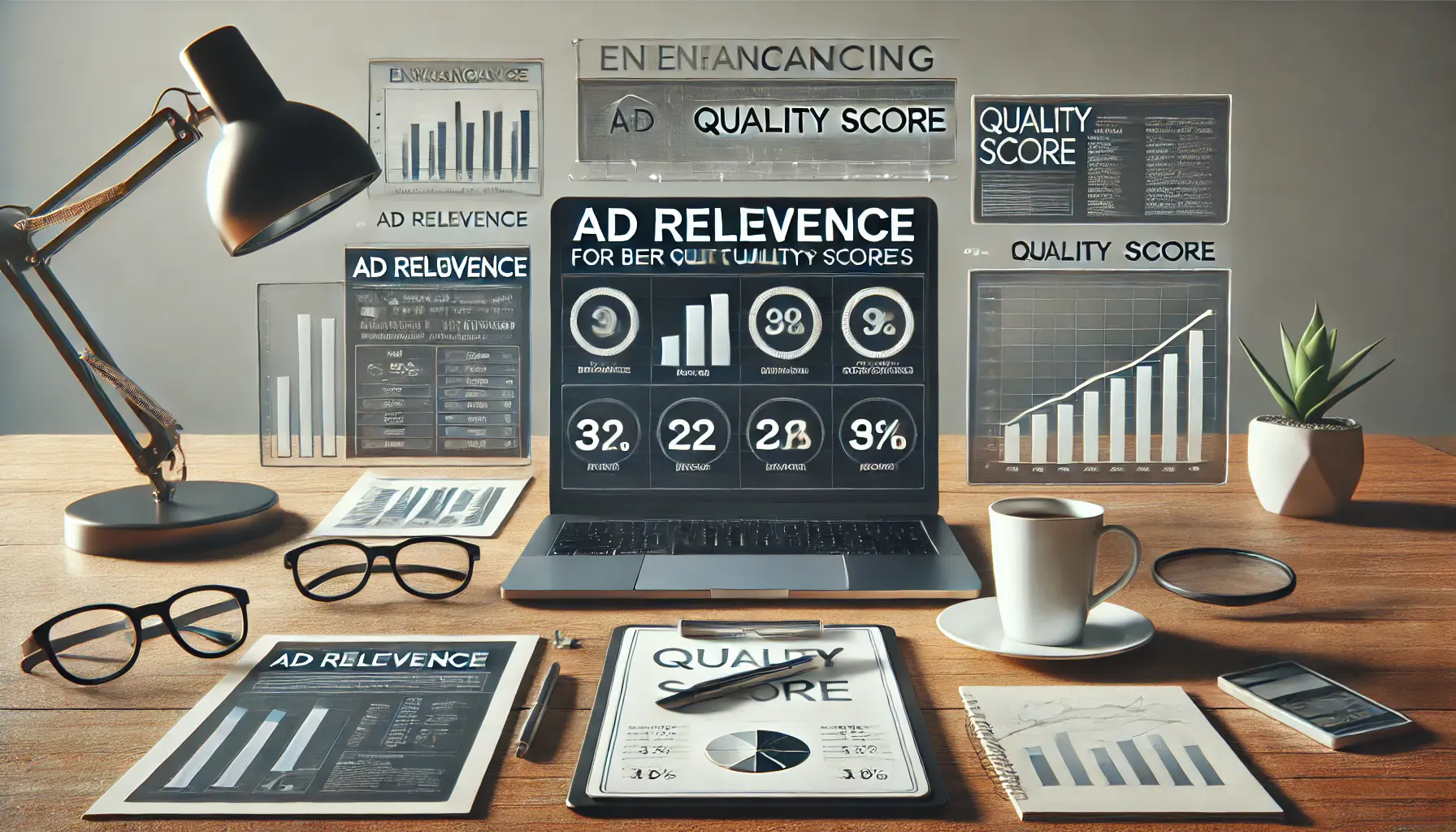 A digital marketing workspace with a laptop displaying performance metrics and optimization tools for enhancing ad relevance.