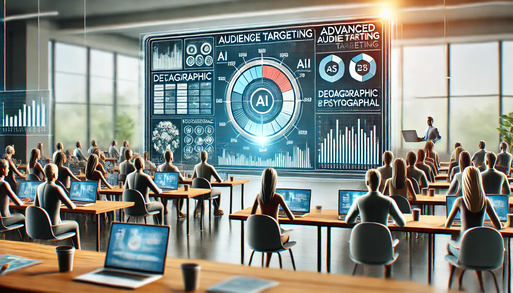 An illustration of advanced audience targeting, showing a computer screen with demographic, psychographic, and behavioral data being processed.