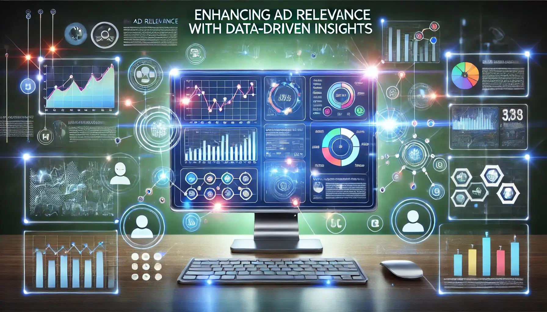 An illustration showing the use of data-driven insights to enhance ad relevance, featuring a campaign dashboard with performance metrics and customer behavior connections.