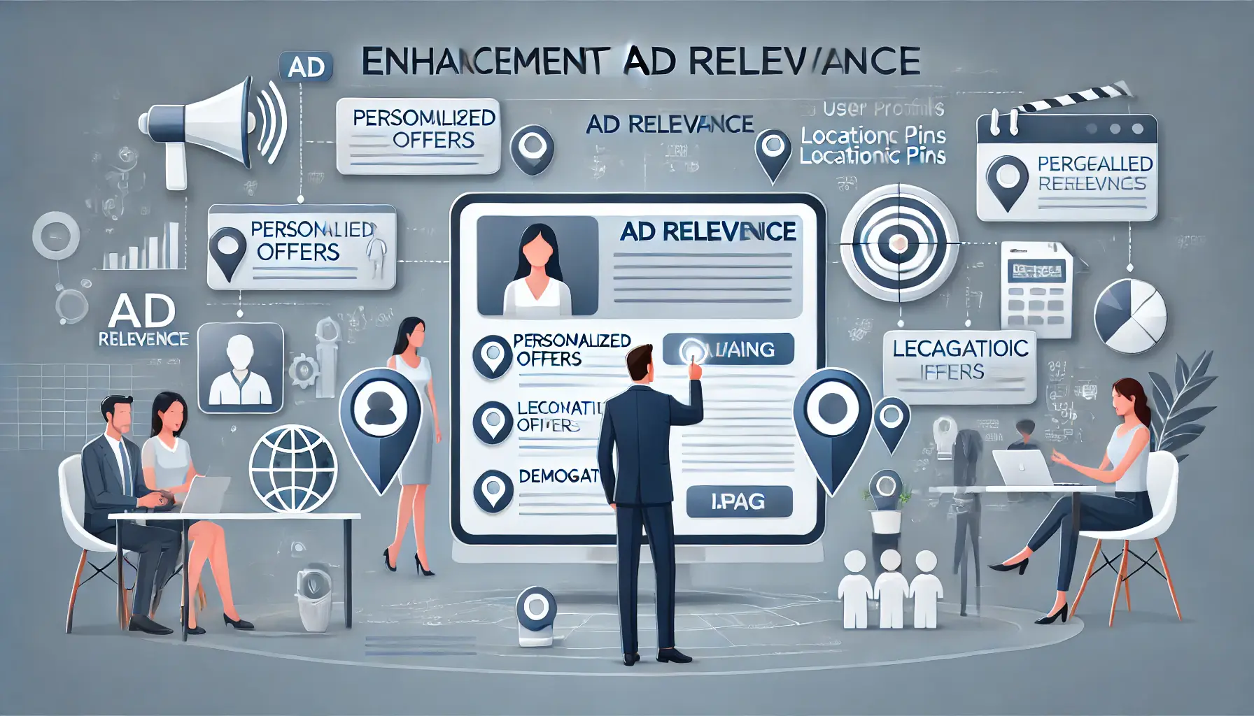 An image illustrating the concept of enhancing ad relevance in digital marketing, showing personalized ads targeting specific user profiles.