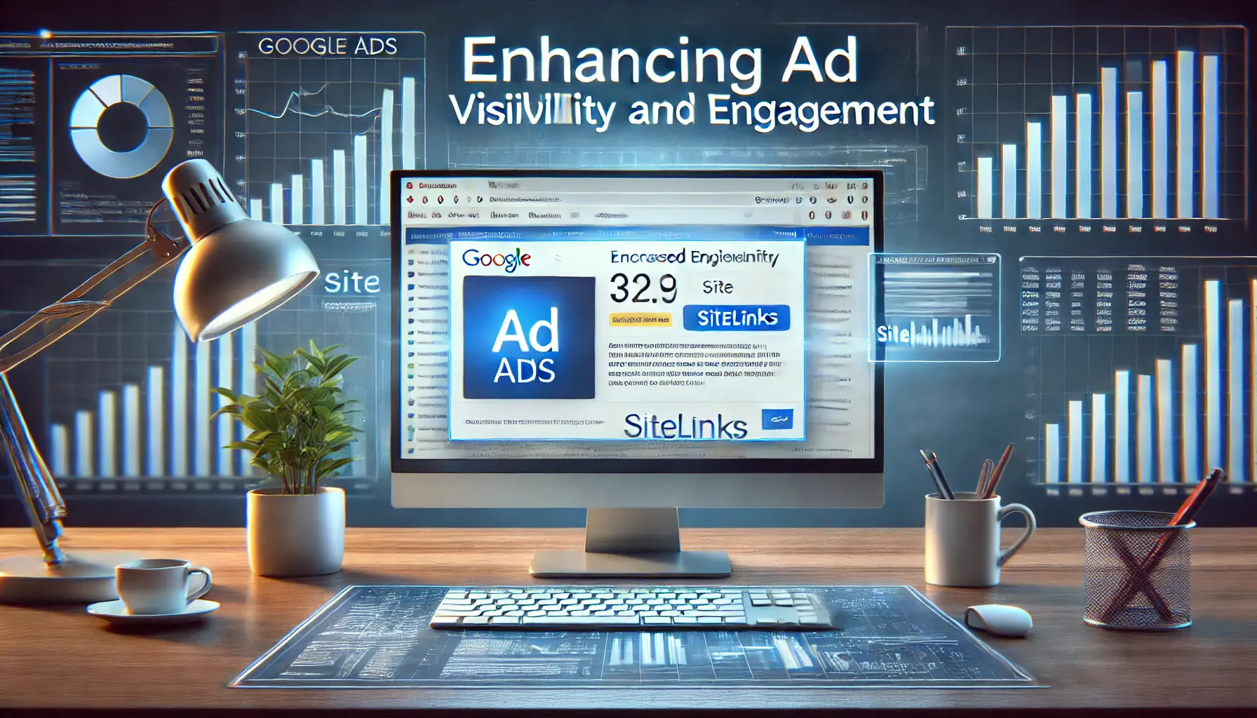 A Google Ads interface showcasing a prominent ad with sitelinks and graphs highlighting increased visibility and user engagement.