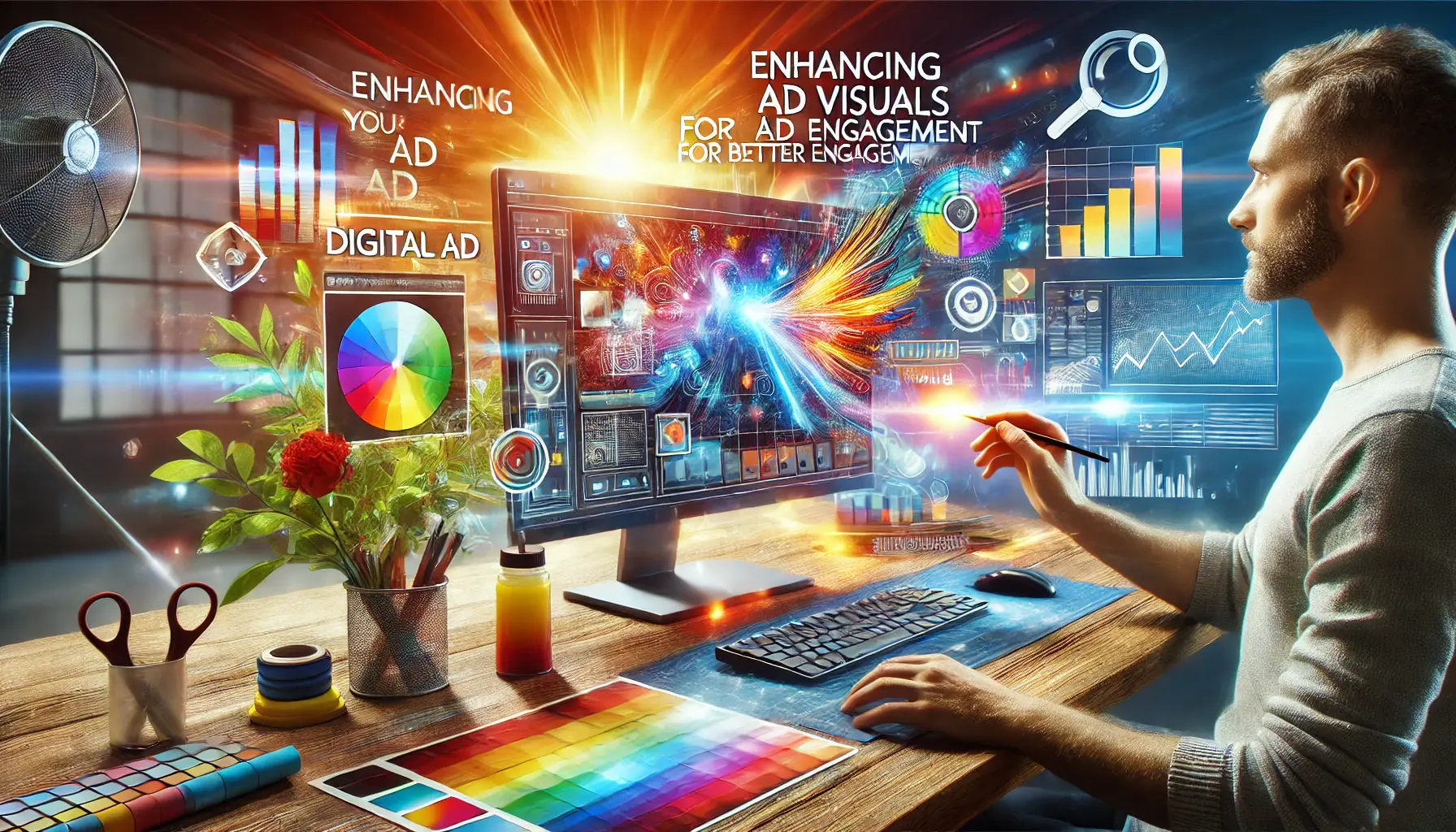 Image showing a designer working on a digital ad, enhancing visuals with high-quality images and vibrant design elements, set against a creative workspace background.