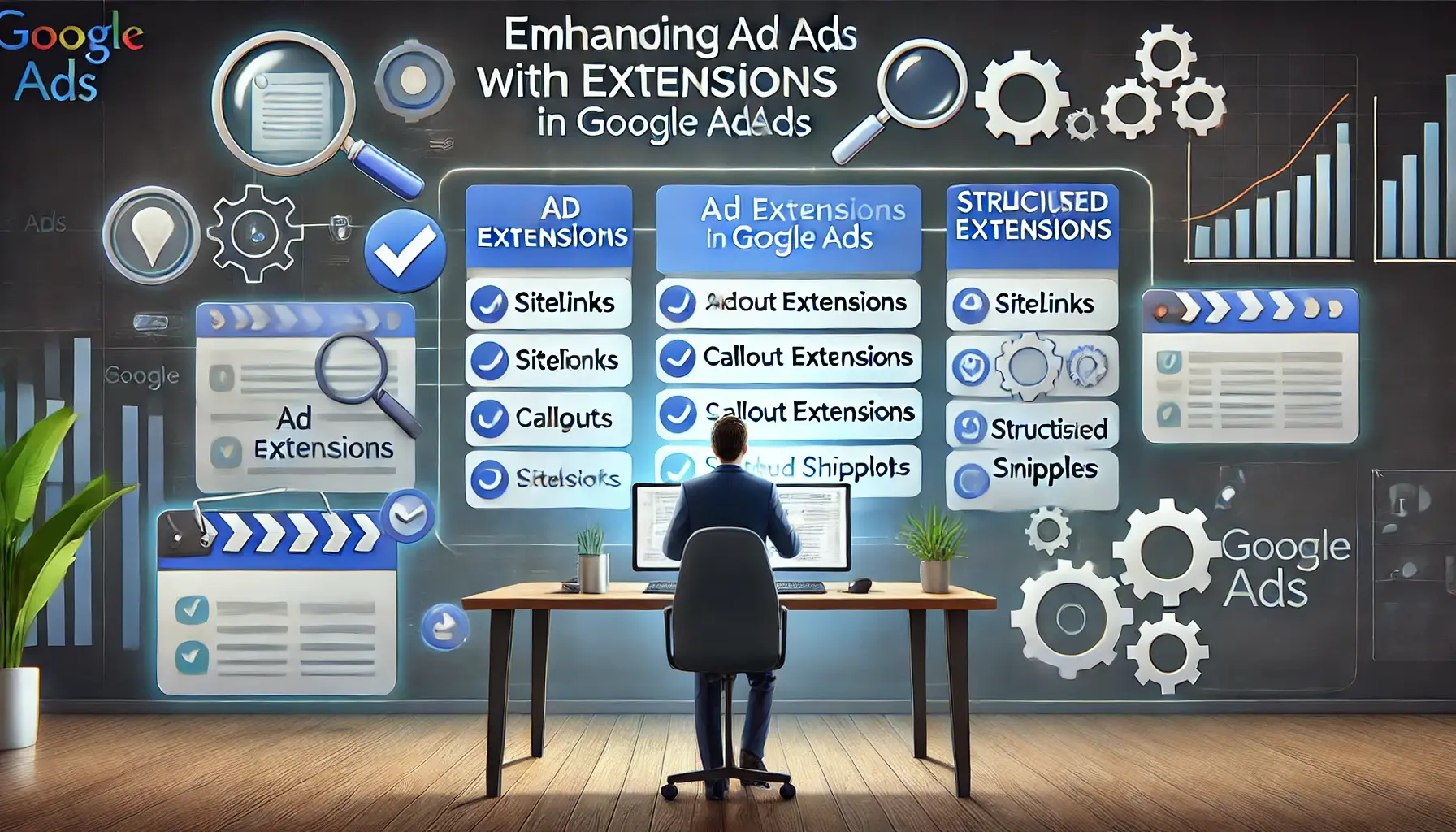 A digital marketer reviewing a dashboard with various ad extension options like sitelinks and callout extensions, surrounded by optimization icons.