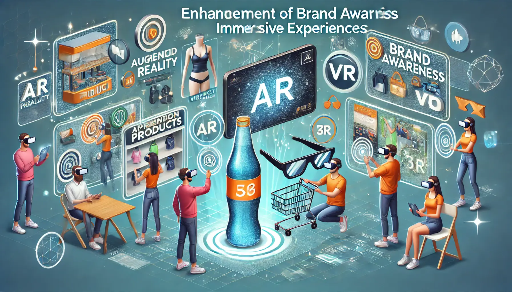 An illustration of users interacting with immersive augmented reality (AR) or virtual reality (VR) experiences, exploring 360-degree videos and virtual product trials to enhance brand awareness.