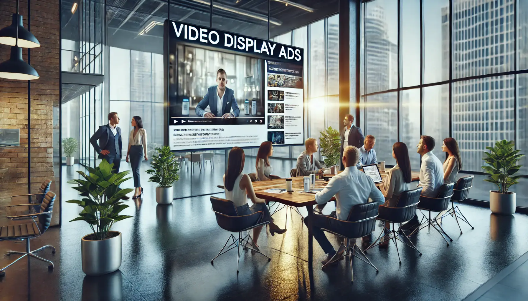 A modern office setting where marketing professionals are discussing the impact of video display ads on brand awareness, with a large screen showing an engaging video ad.